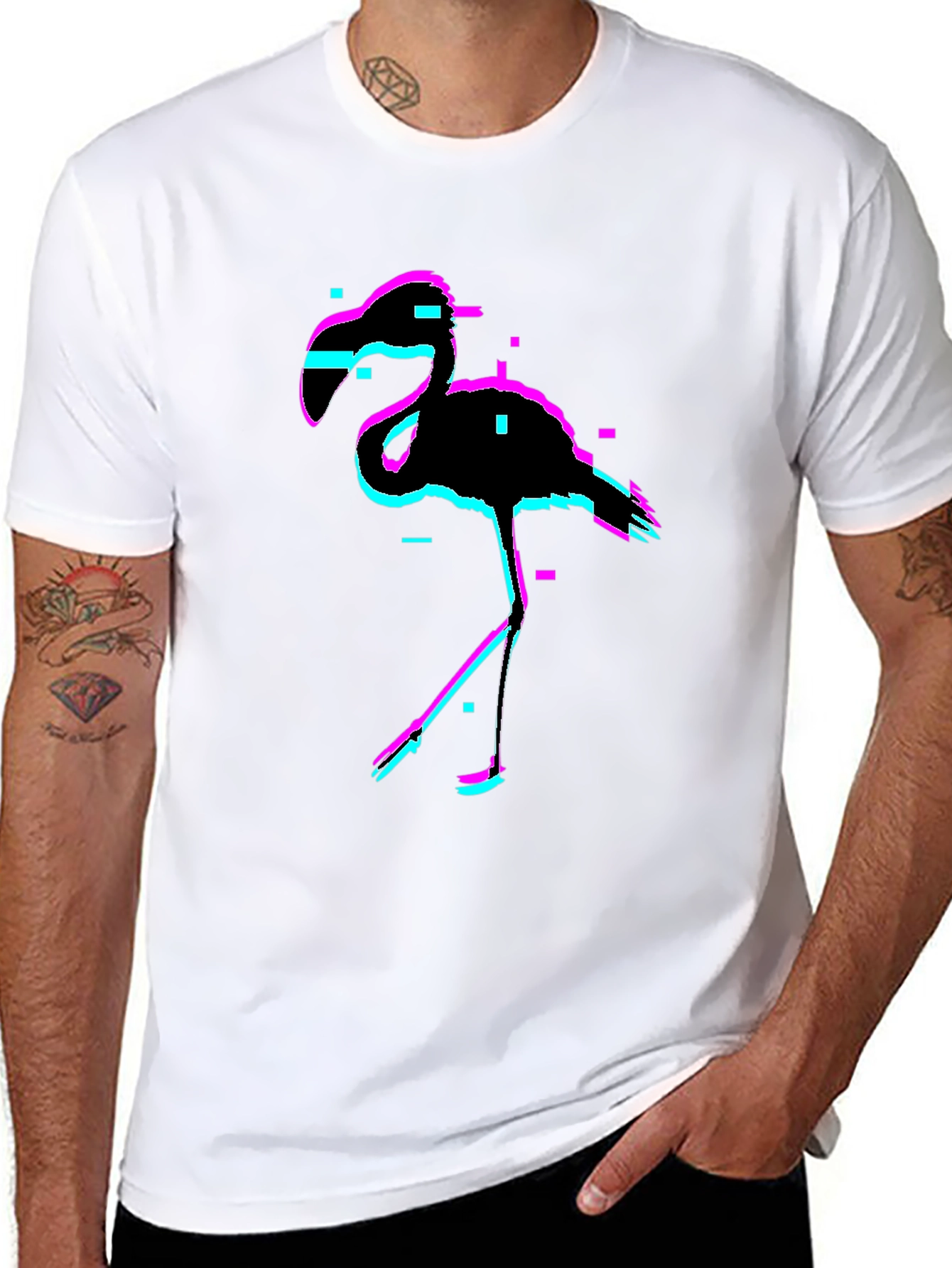 Black Glitch Flamingo Black T-Shirt view 8