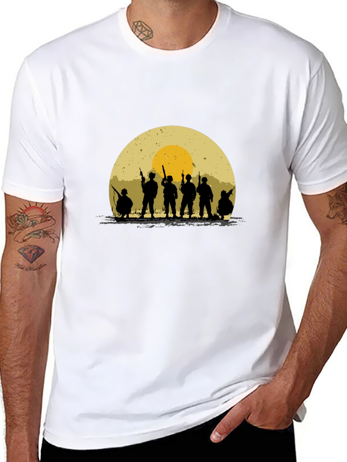 Black Silhouette Soldier T-Shirt - Retro Sunset Design view 8