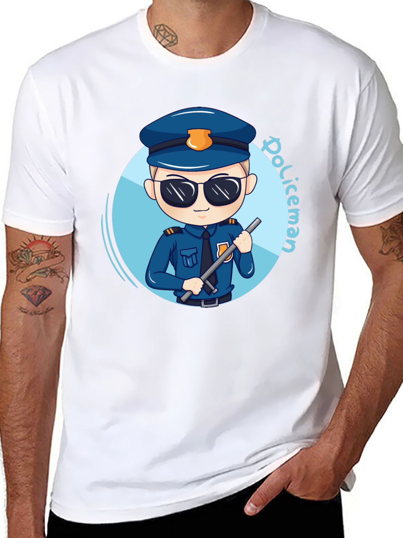 Black Cartoon Policeman Graphic Tee - Black Unisex T-Shirt view 8