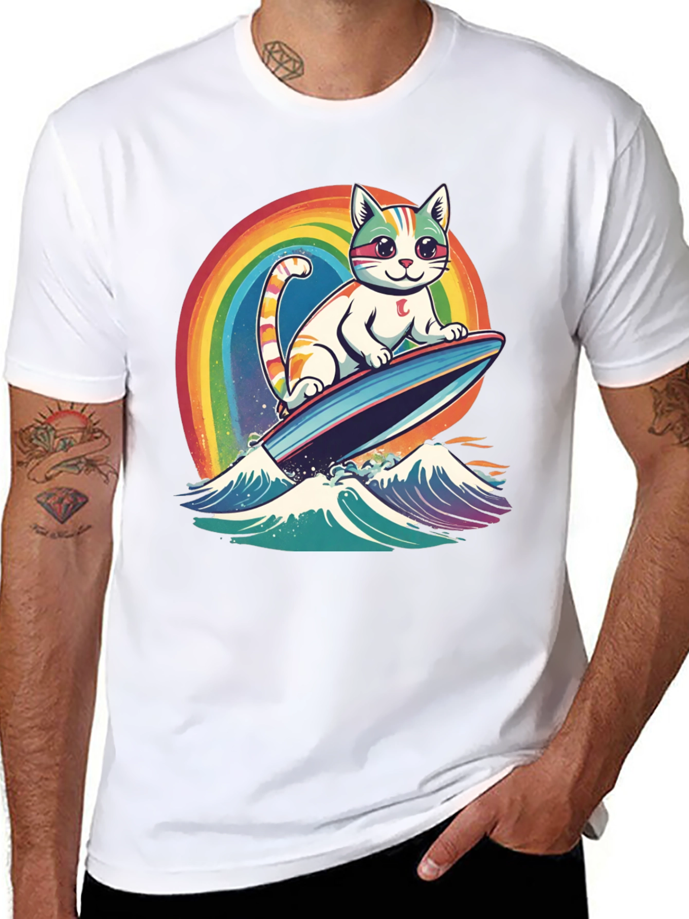 Black Surfing Cat Rainbow T-Shirt view 8