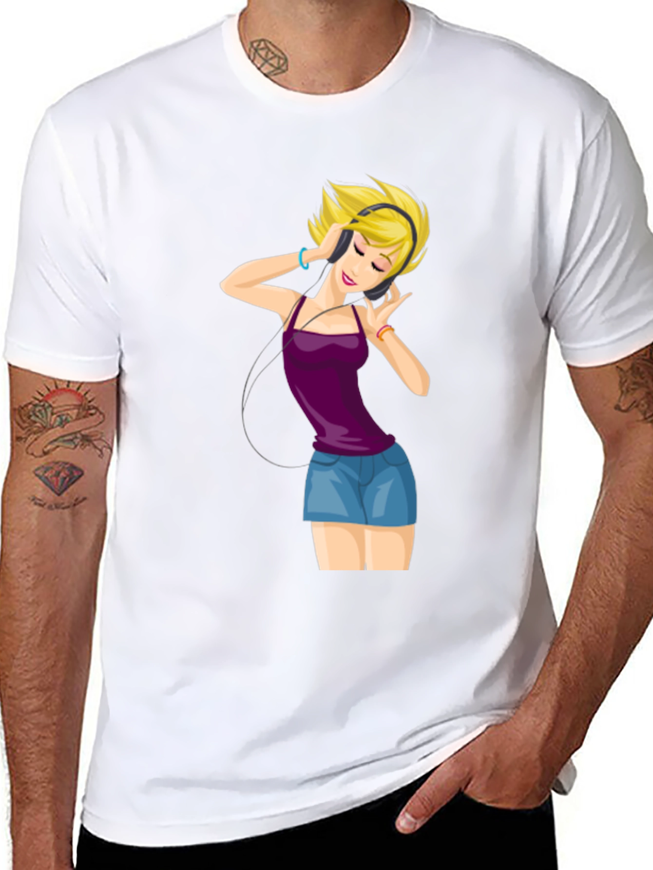 Black Music Lover T-Shirt: Cartoon Girl with Headphones view 8
