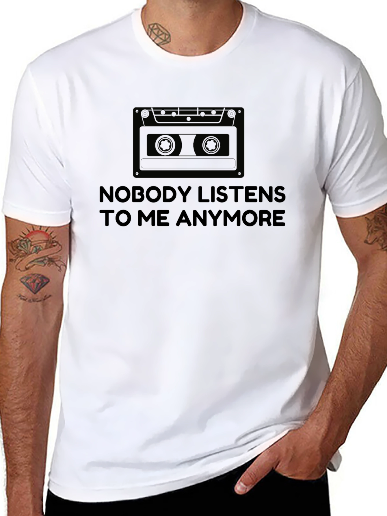 Black Nobody Listens Cassette Tape Graphic T-Shirt view 8
