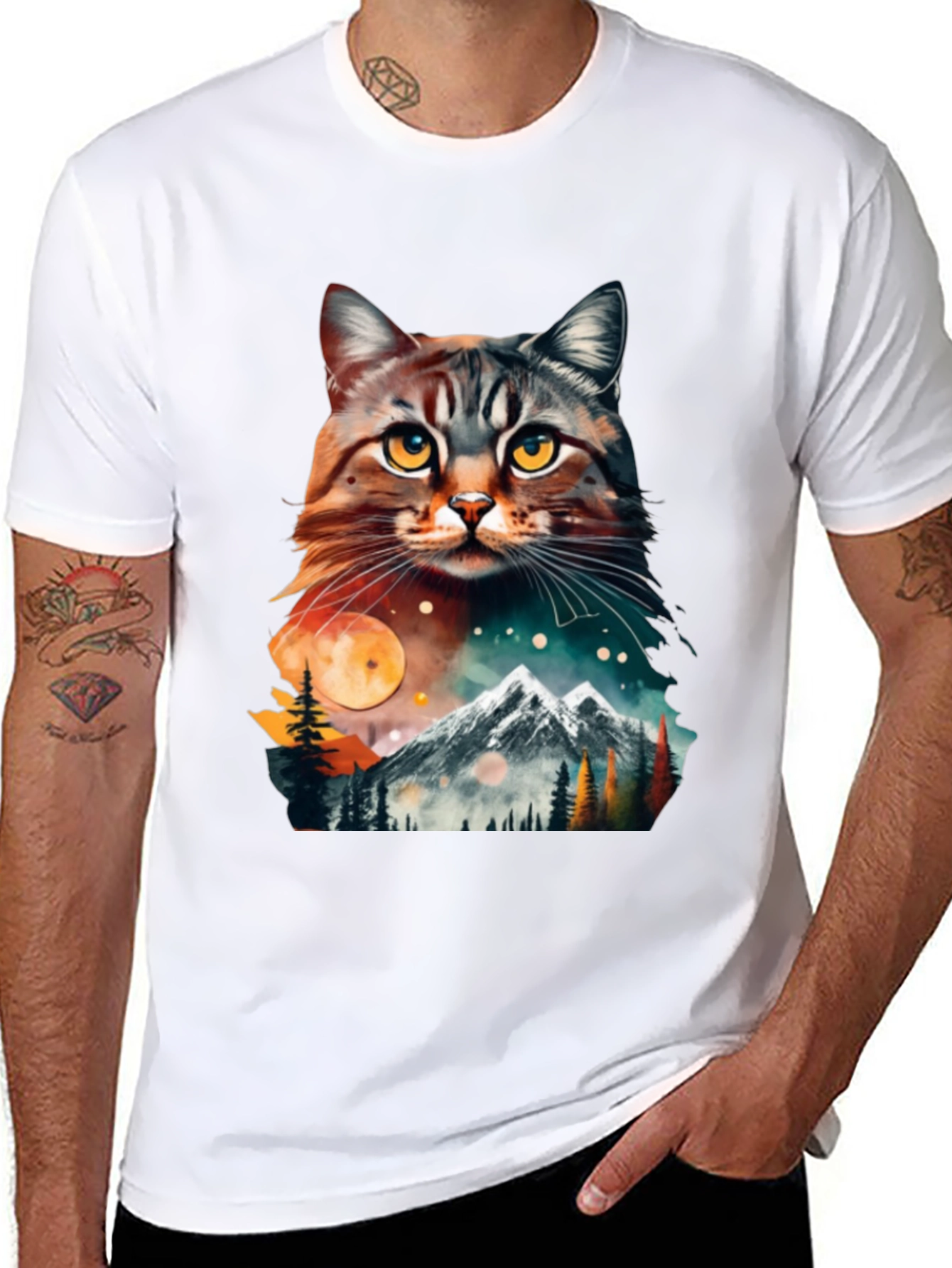 Black Cat & Mountain Graphic Tee - Unique Nature Design view 8