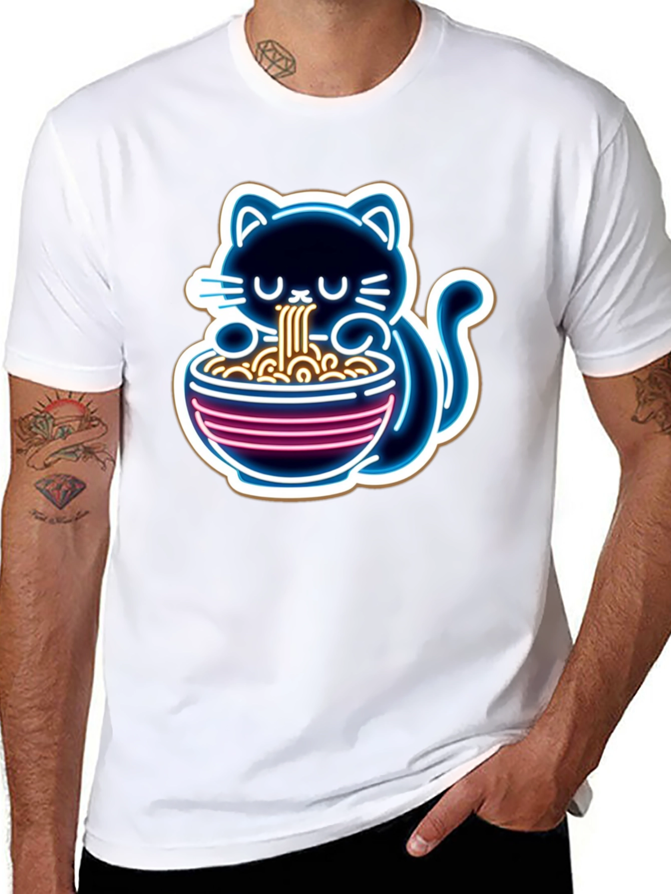 Black Neon Cat Ramen T-Shirt - Unique Graphic Tee view 8