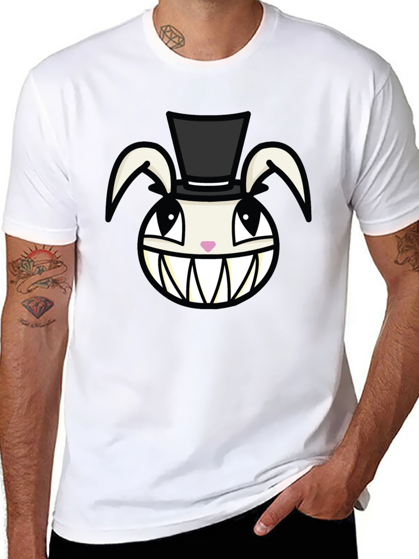 Black Creepy Rabbit Top Hat Graphic Tee - Black view 8