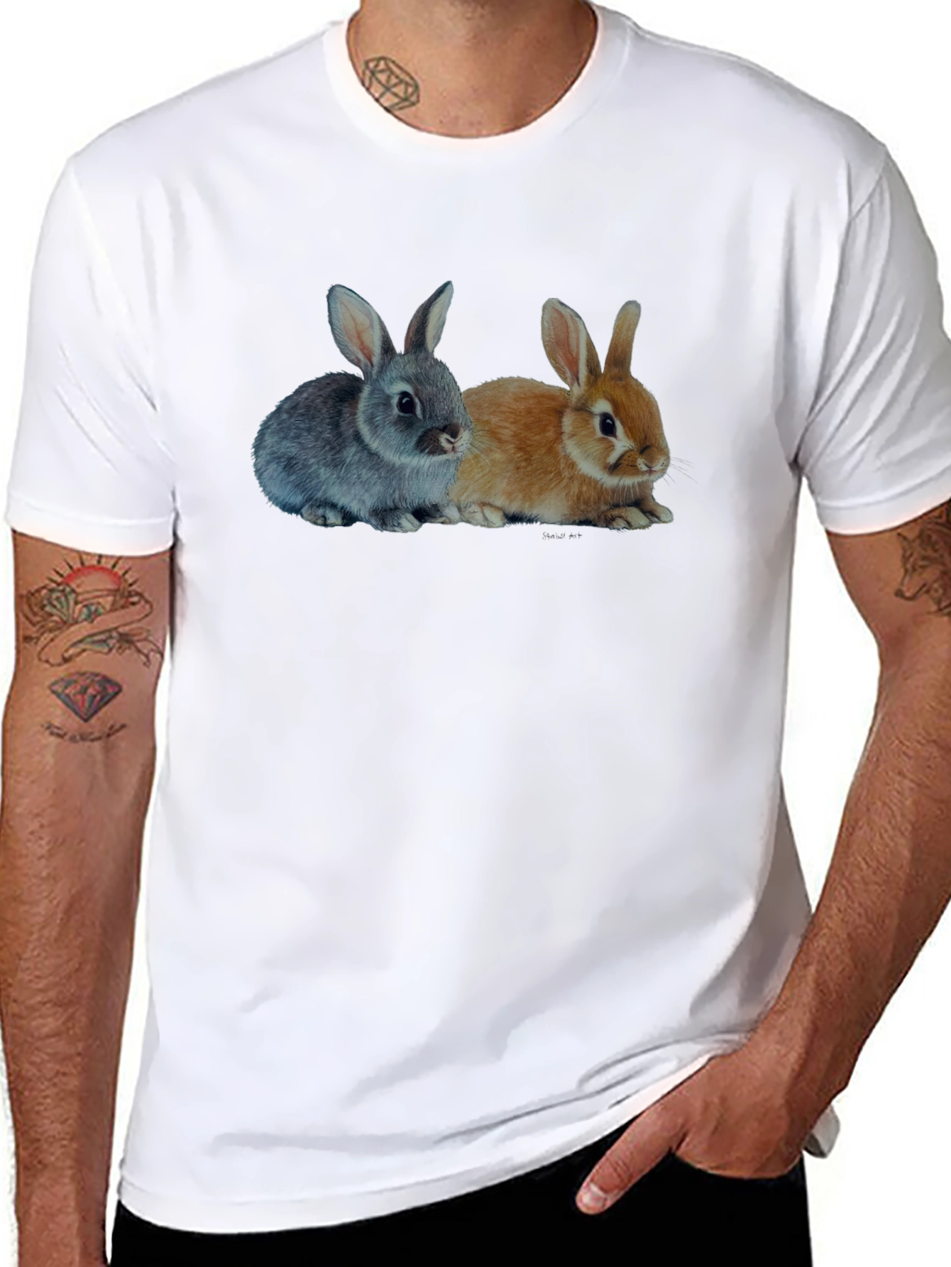 Black Cute Bunny Rabbits Graphic Print Black T-Shirt view 8