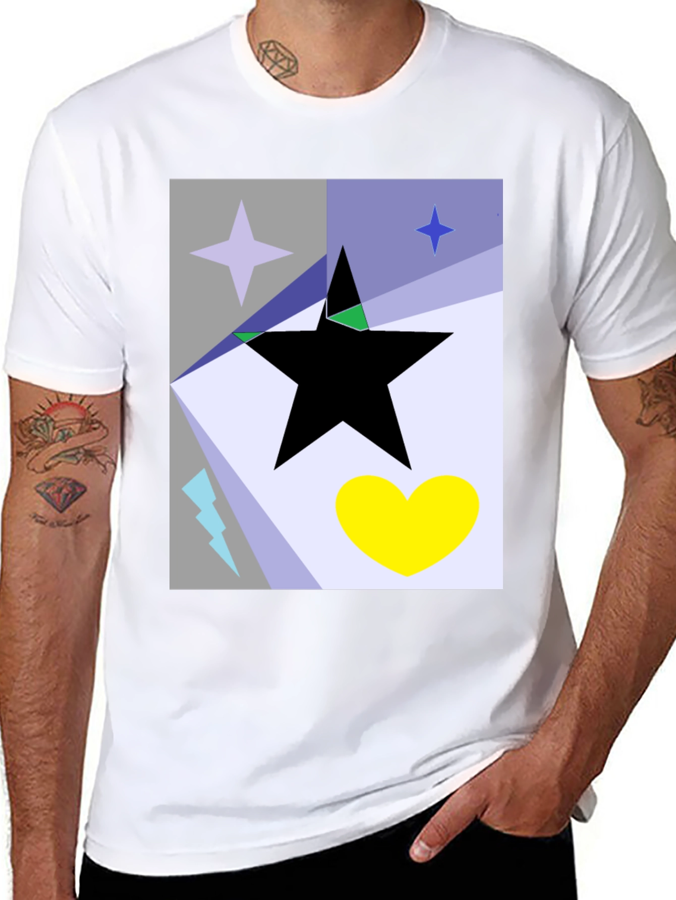 Black Abstract Star Heart Graphic Tee - Black Cotton T-Shirt view 8