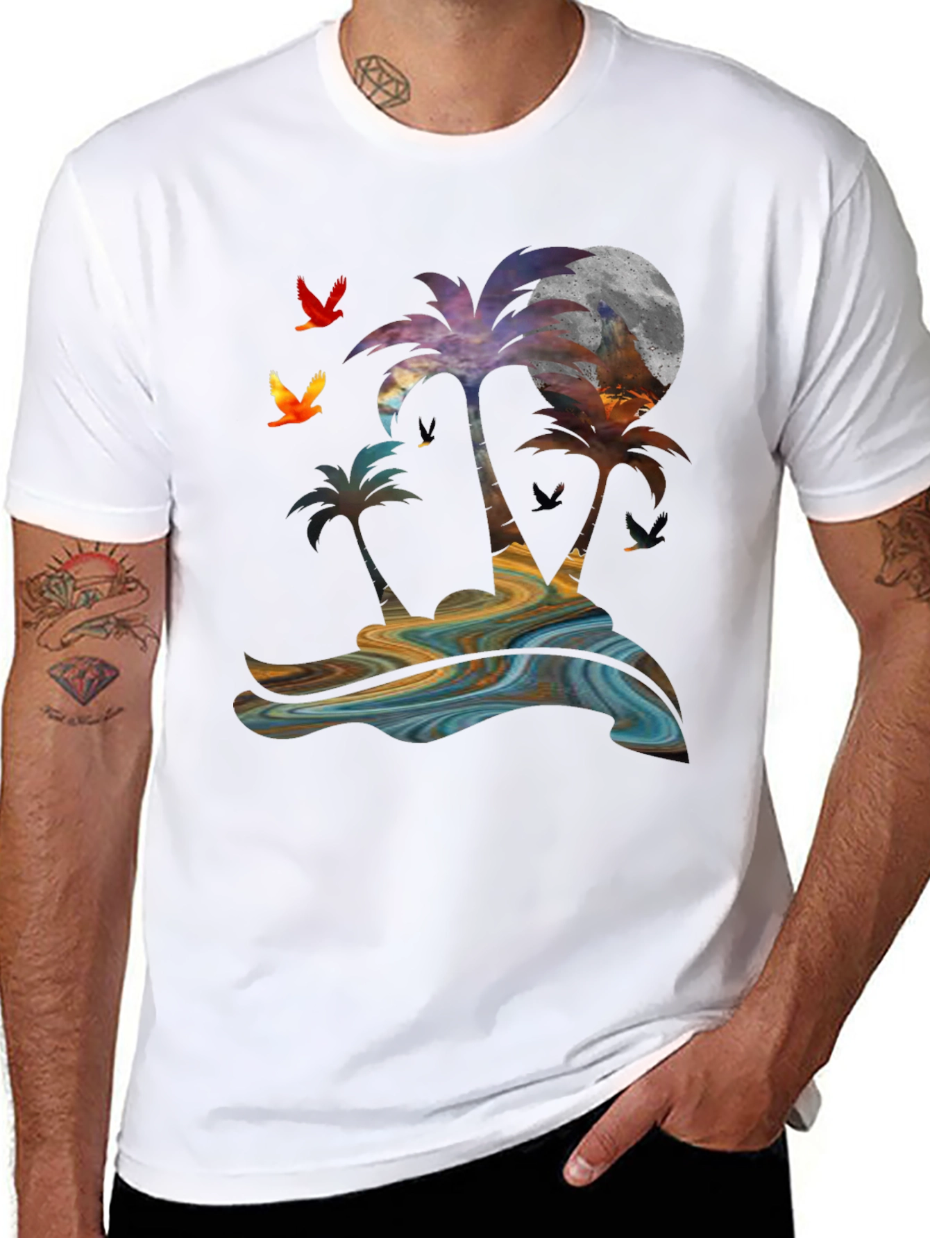 Black Tropical Sunset Palm Tree Graphic T-Shirt view 8