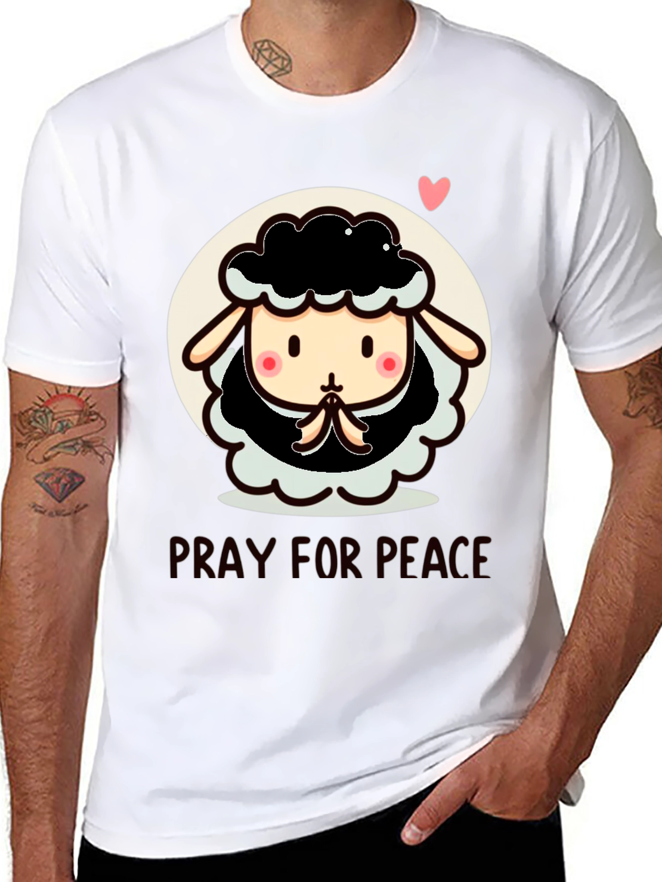 Black Pray for Peace Cartoon Sheep T-Shirt view 8