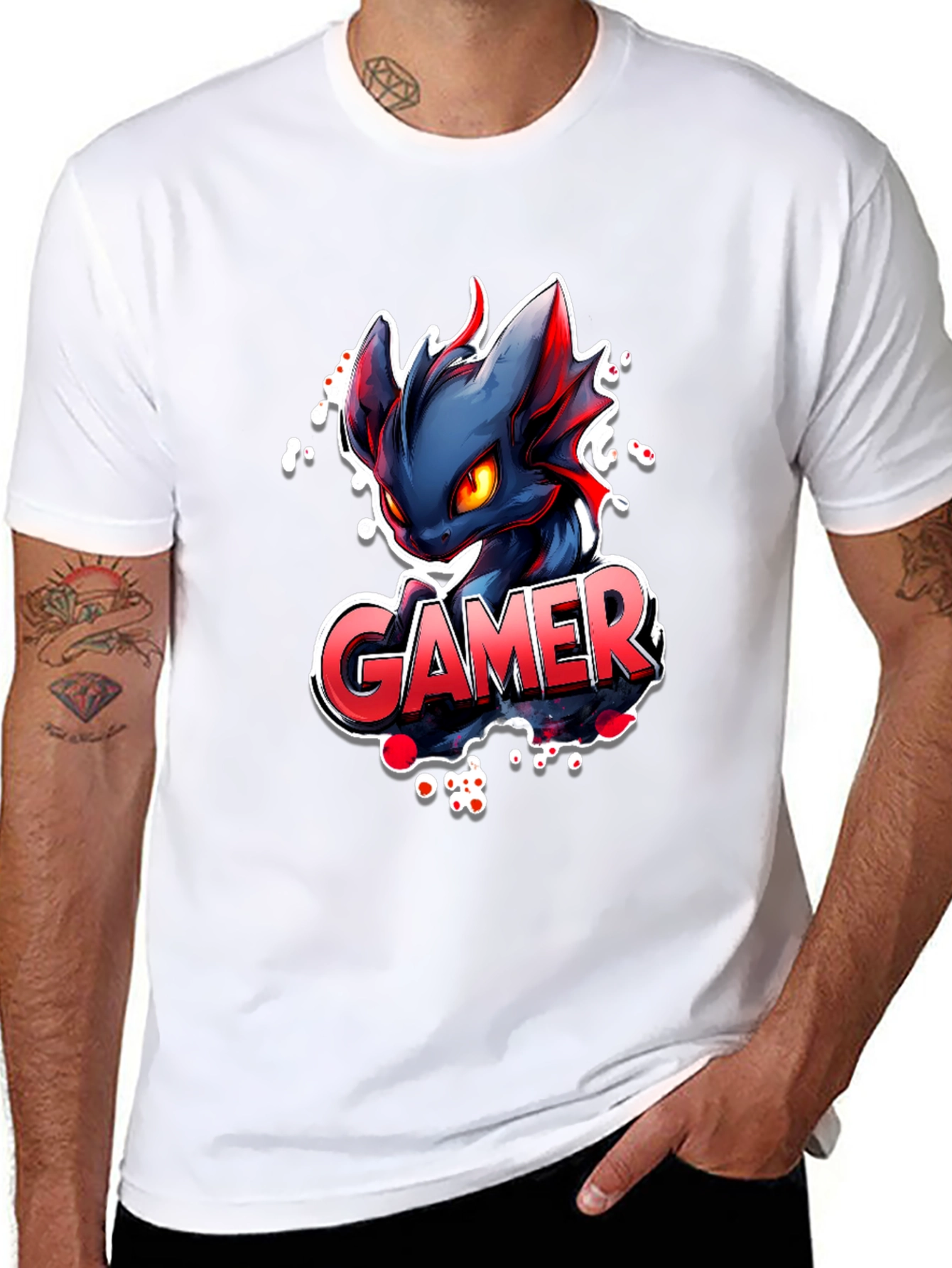 Black Gamer Dragon Graphic Tee - Black Cotton T-Shirt view 8