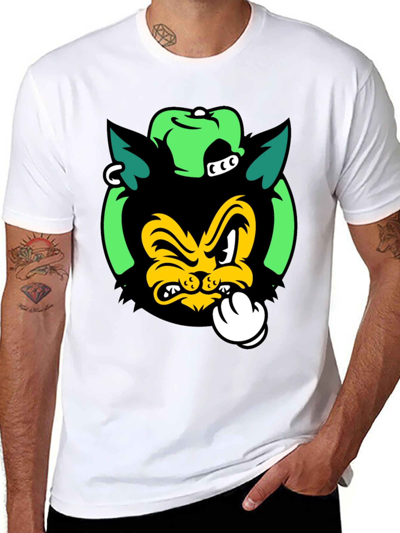 Black Cartoon Cat Graphic Print Black T-Shirt view 8