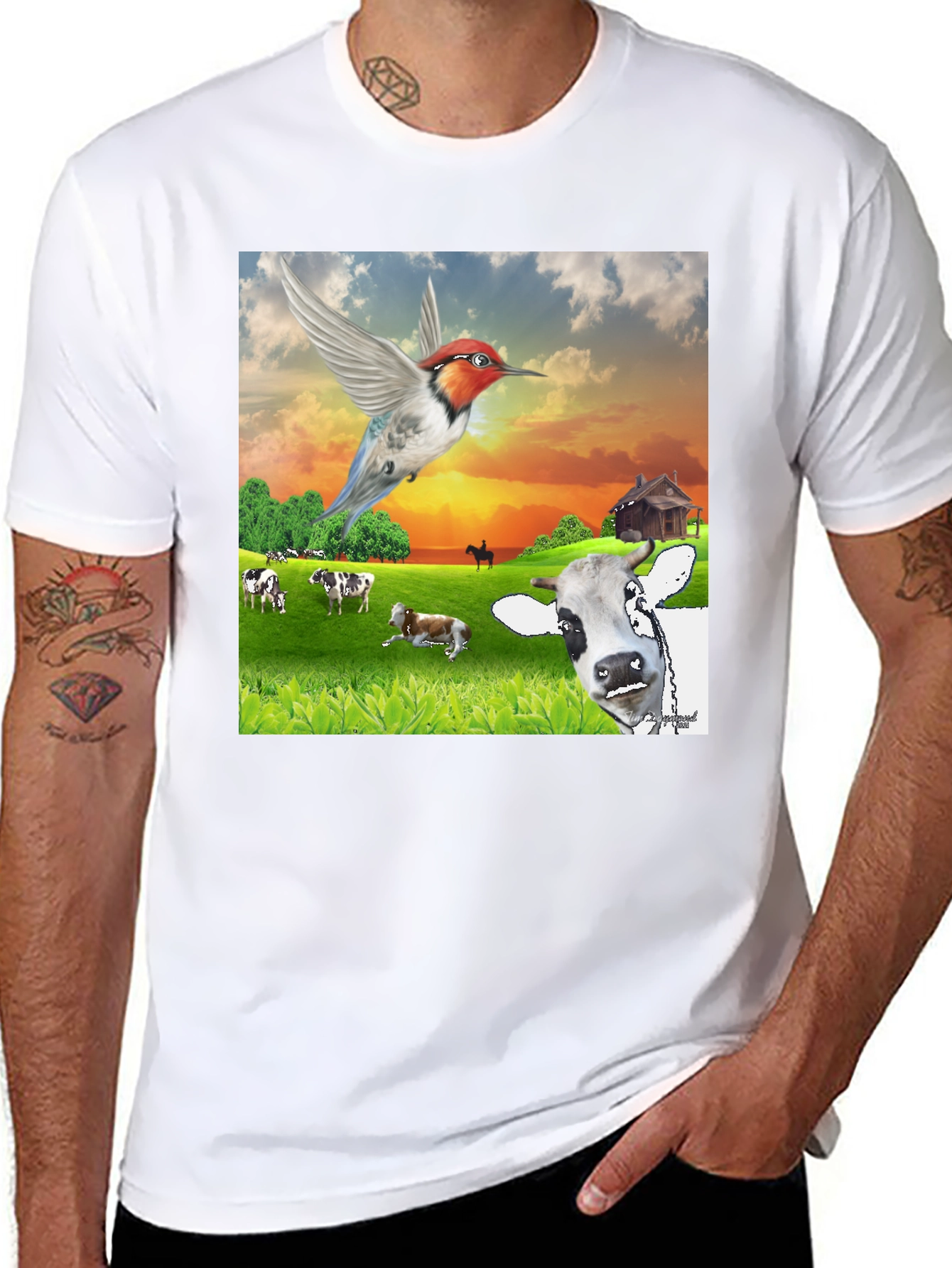 Black Hummingbird & Cow Farm T-Shirt - Unique Animal Design view 8