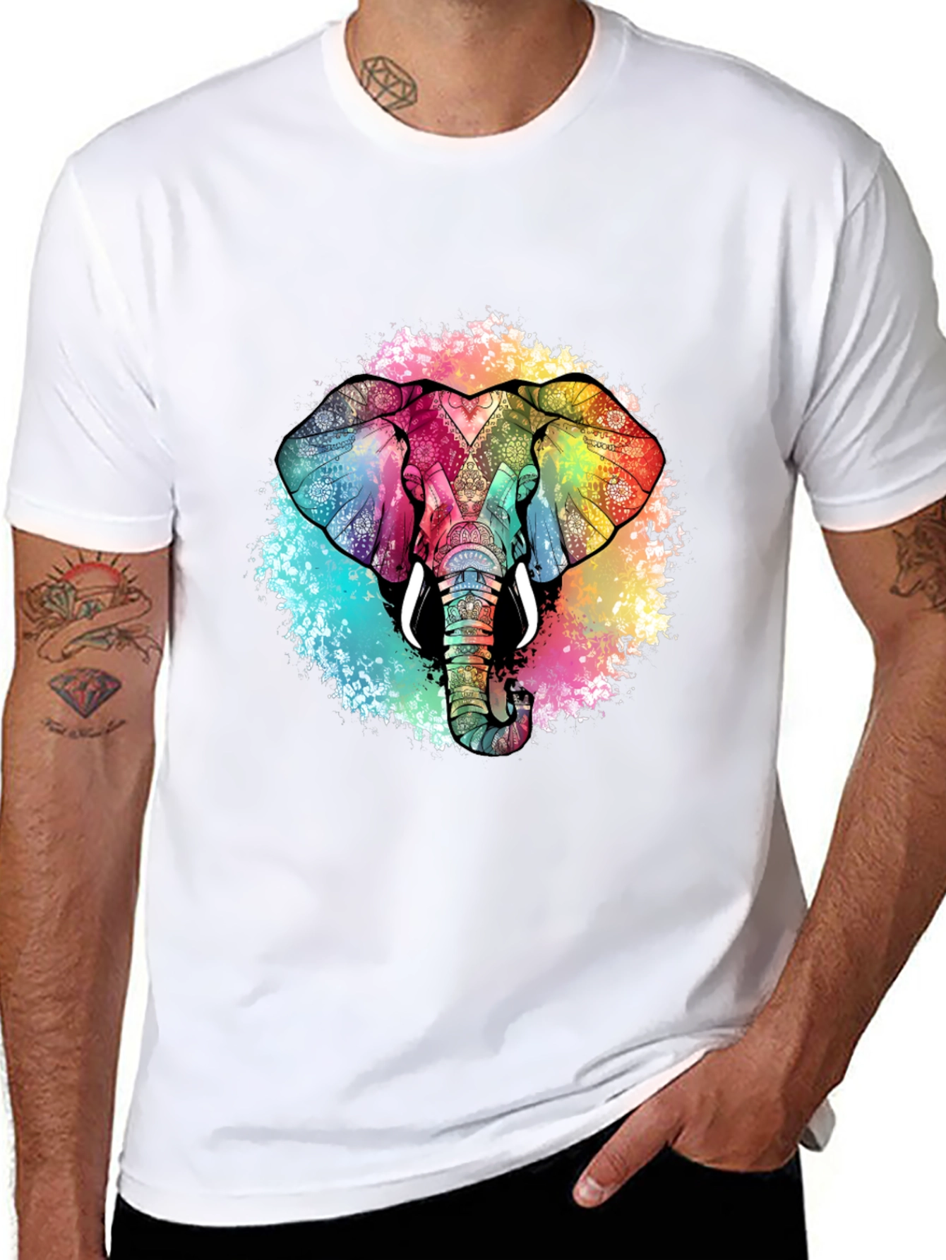 Black Colorful Elephant Graphic Tee - Unique Design view 8
