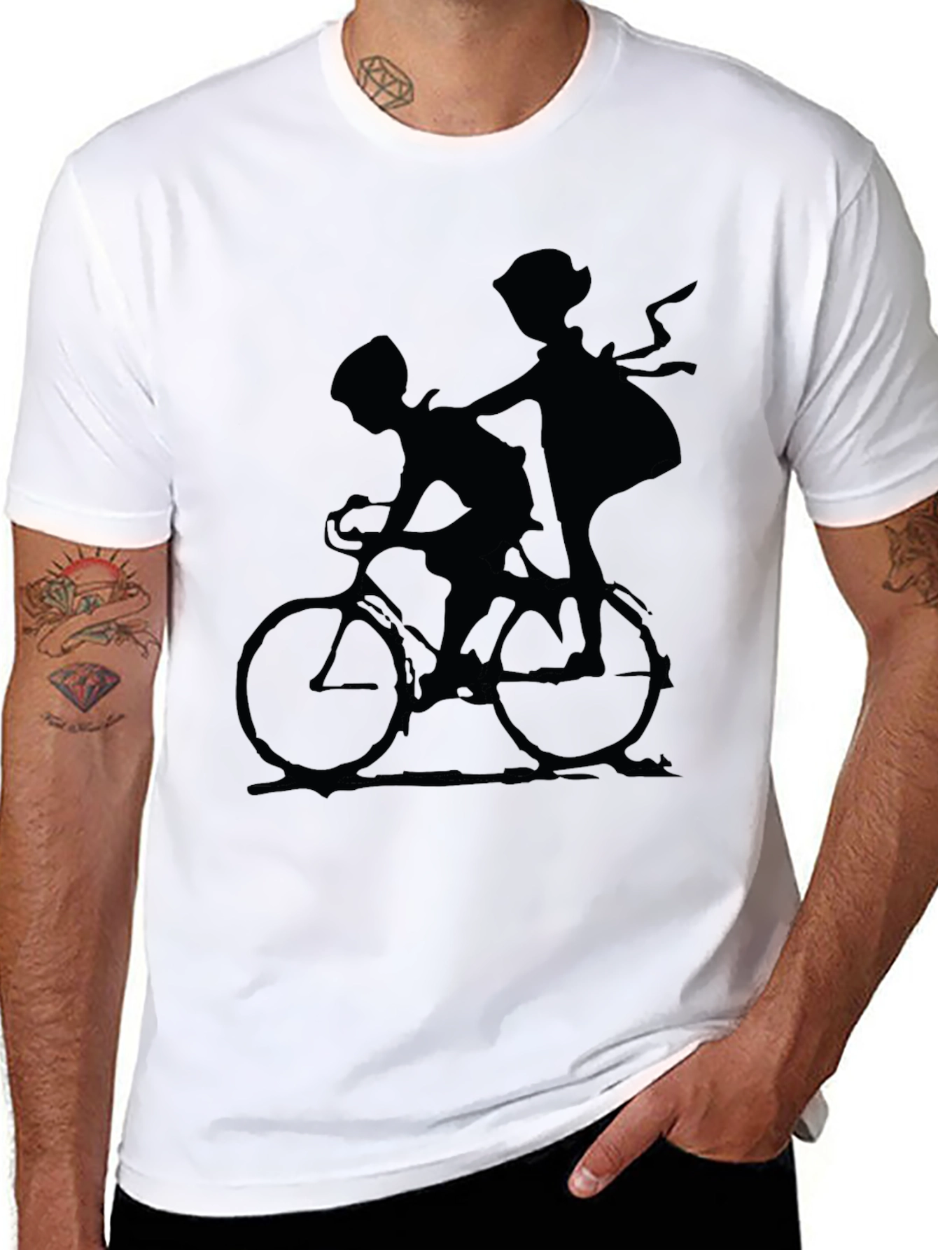 Black Silhouette Bike Ride Graphic Tee - Black Cotton Casual Shirt view 8