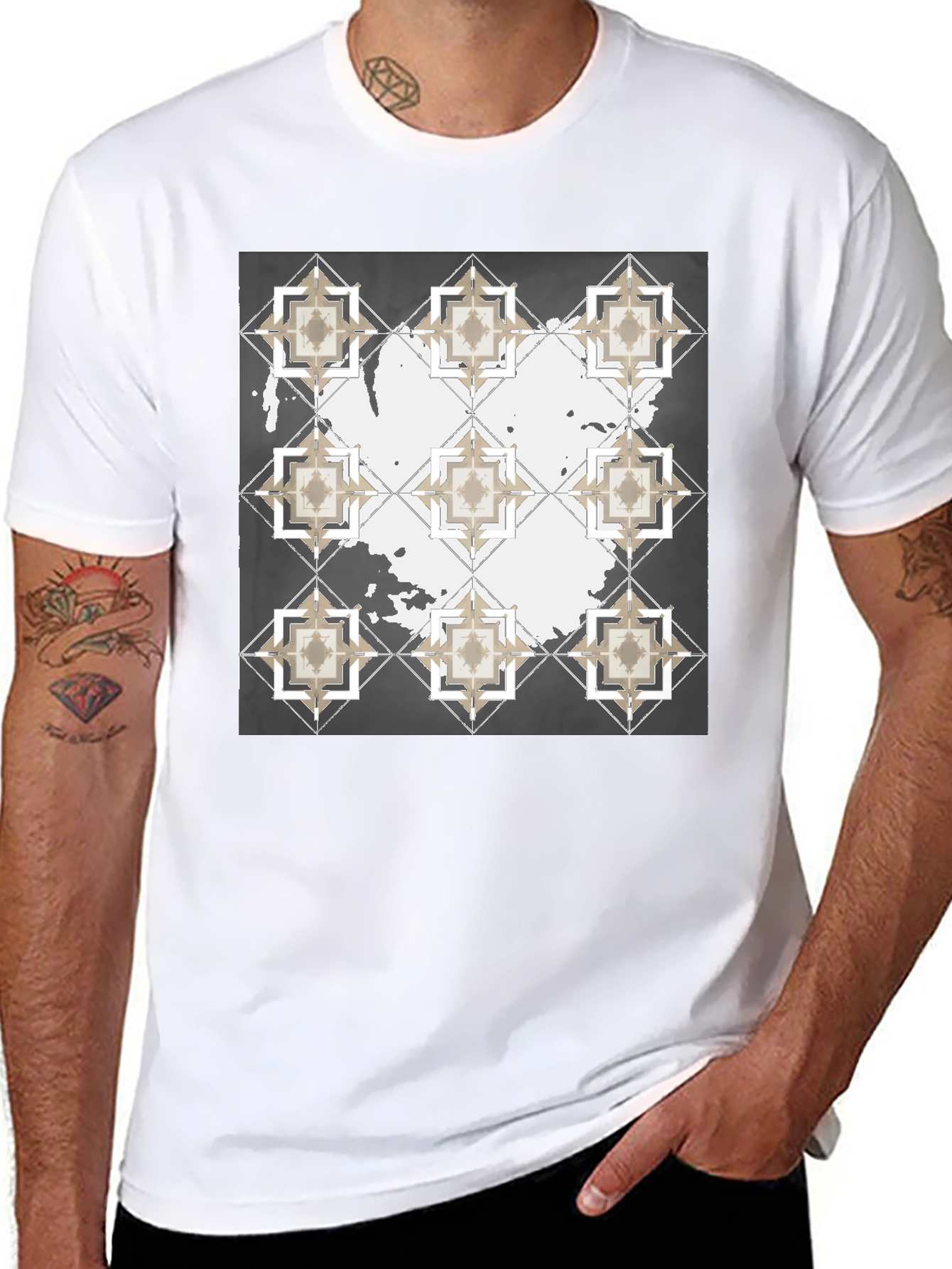 Black Geometric Tile Print Crew Neck T-Shirt view 8
