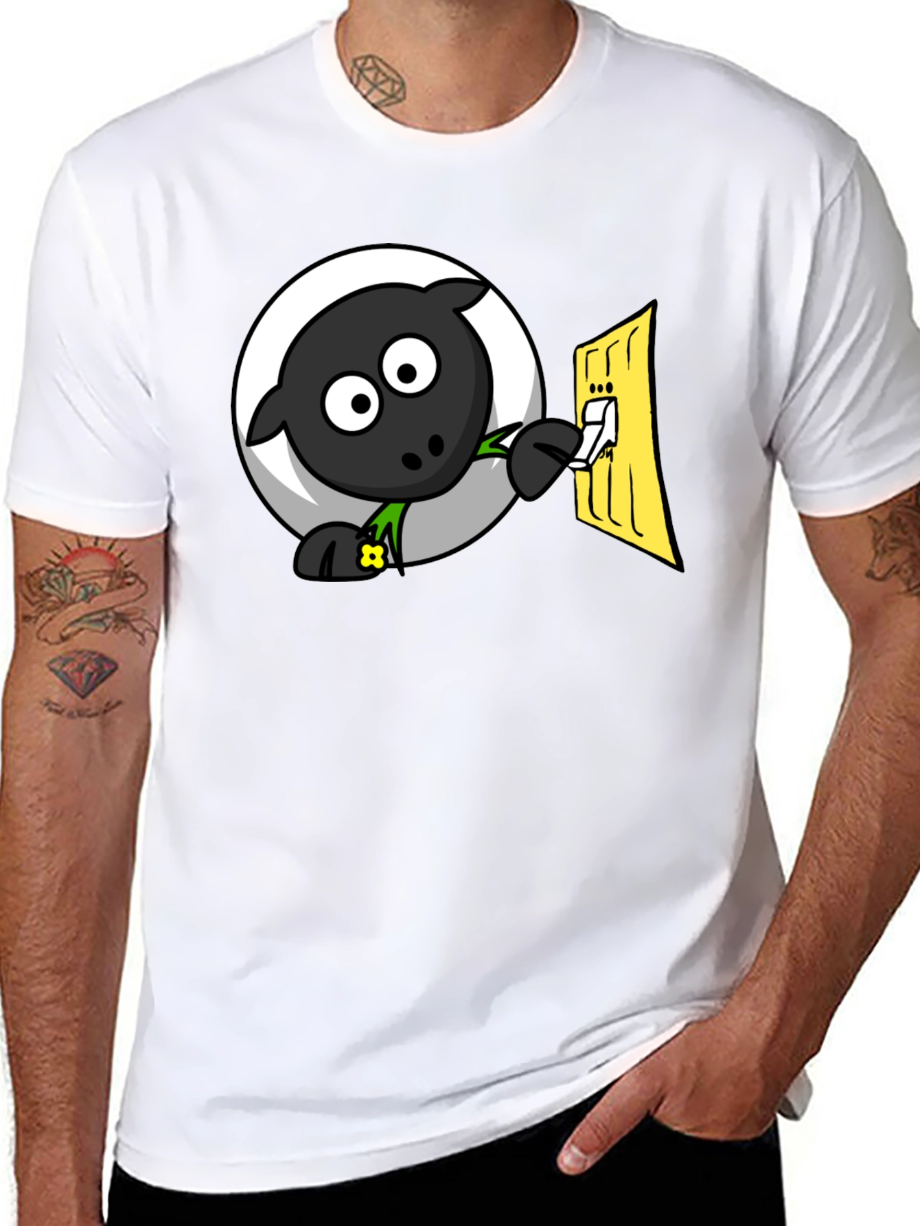 Black Funny Cartoon Sheep Turning on Light T-Shirt view 8