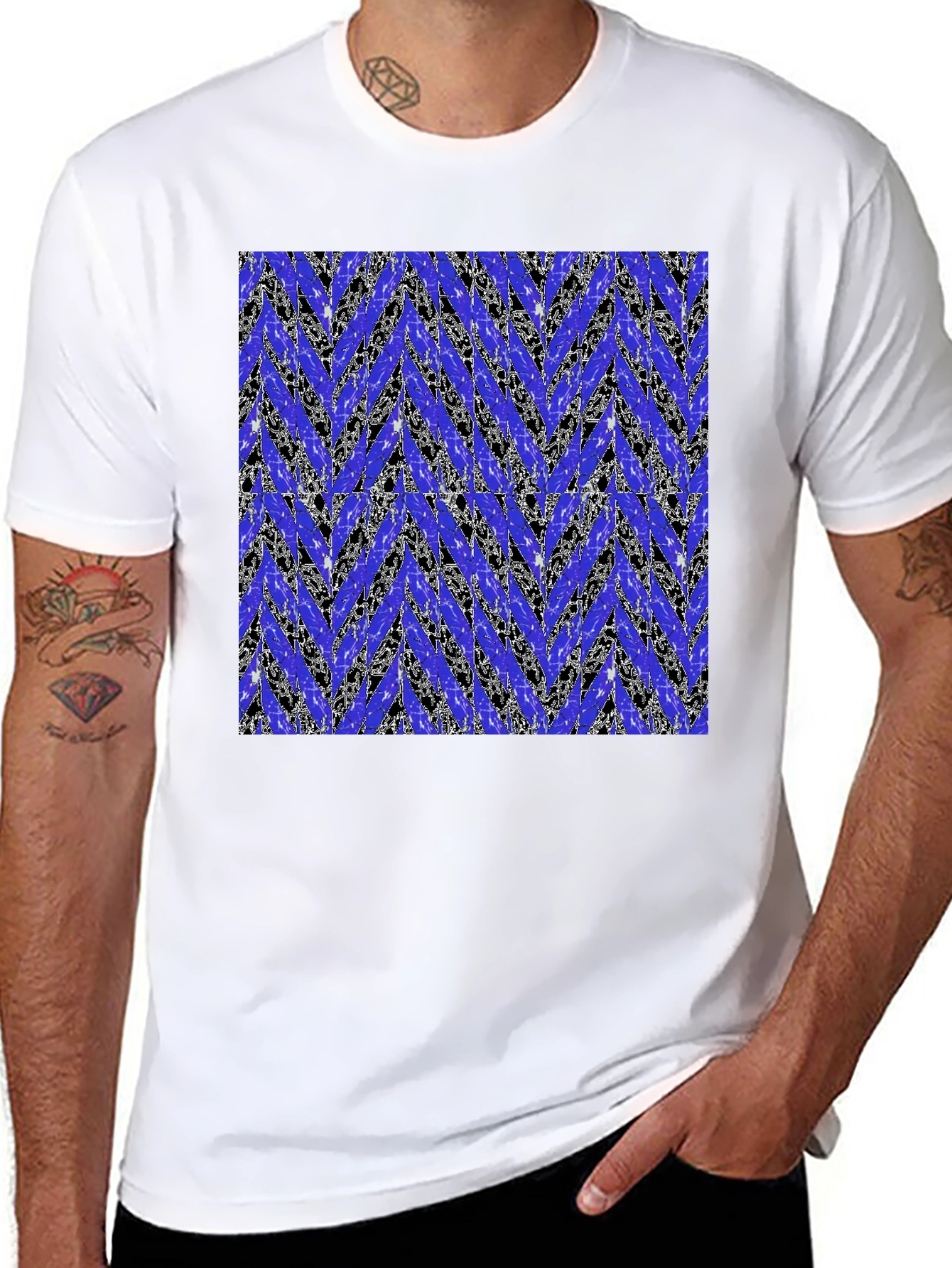 Black Abstract Blue Chevron Print Men's Black T-Shirt view 8