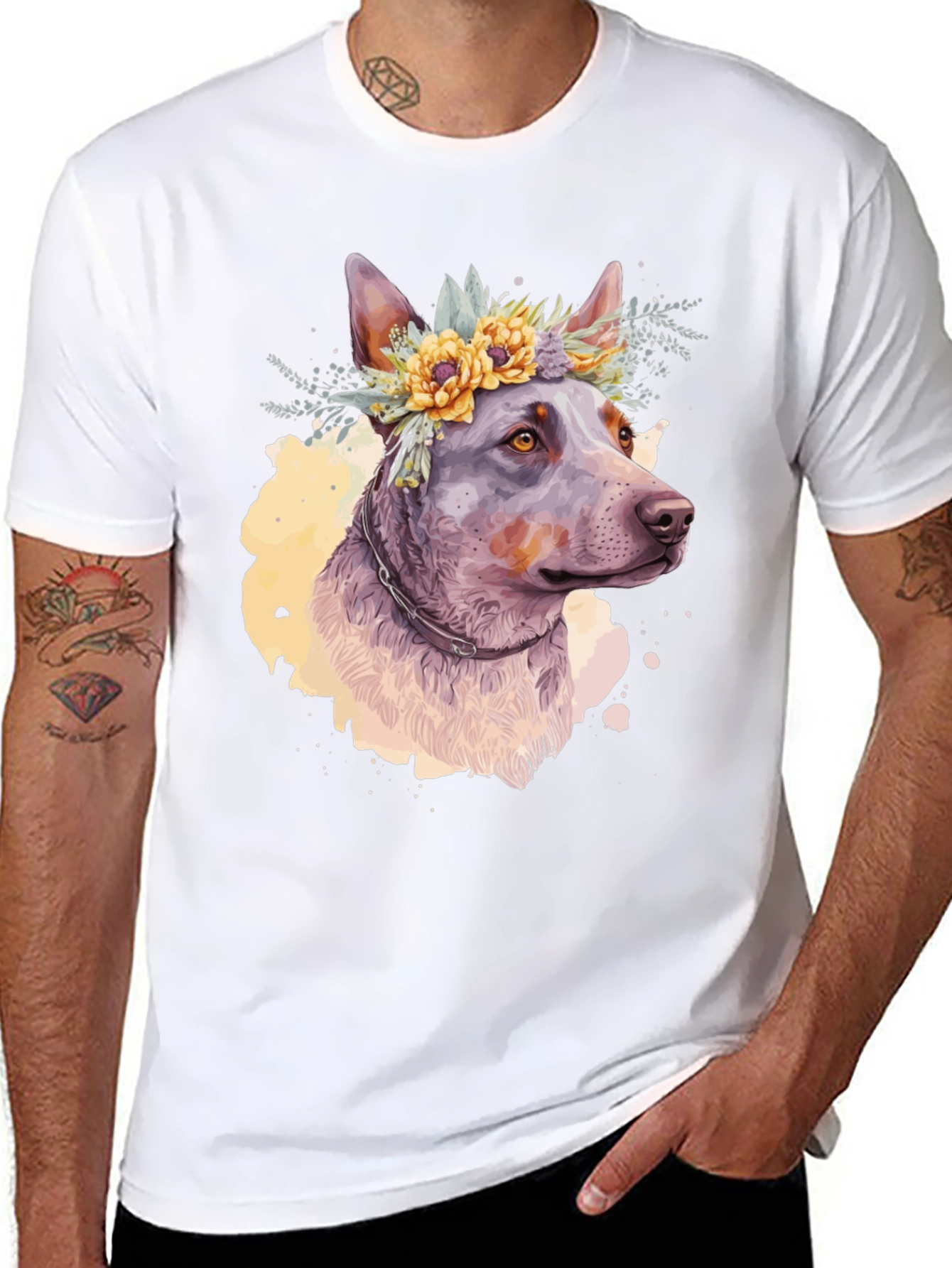 Black Dog with Flower Crown Graphic Tee - Artistic Pet Lover Shirt view 8