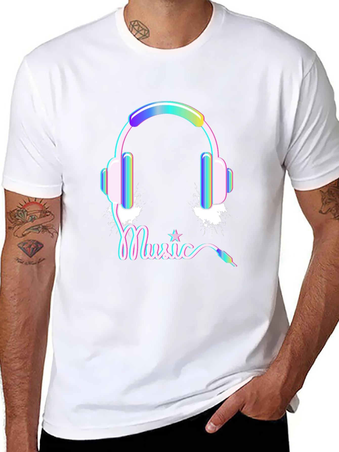 Black Music Headphones Graphic Print Black Tee Shirt view 8
