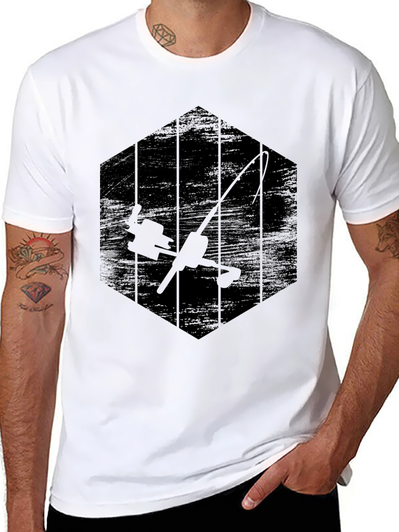 Black Fishing Rod Graphic Tee - Angler's Hexagon T-Shirt view 8