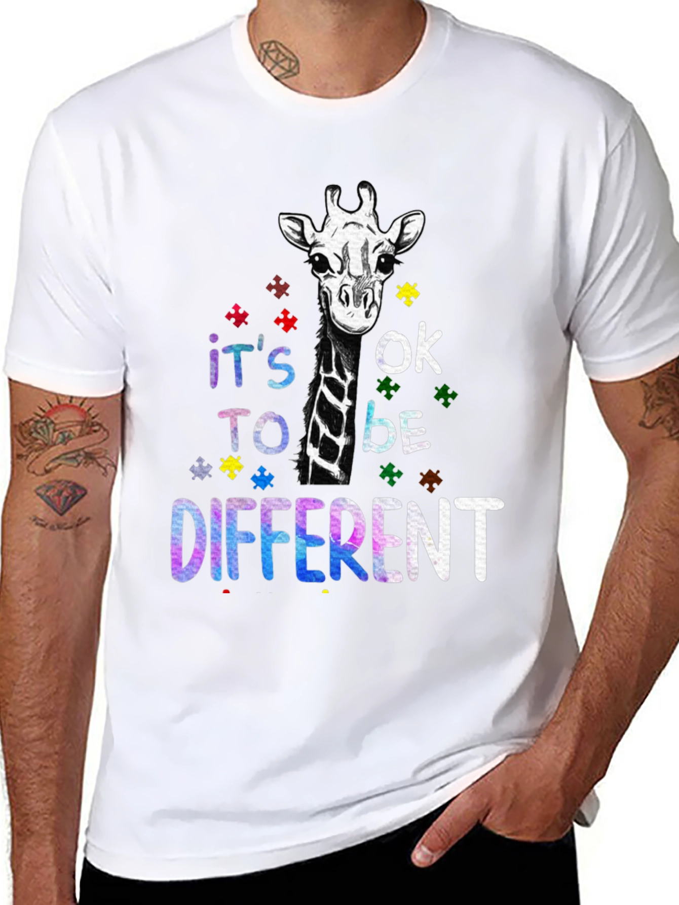 Black Autism Awareness Giraffe T-Shirt - It's OK to be Different view 8