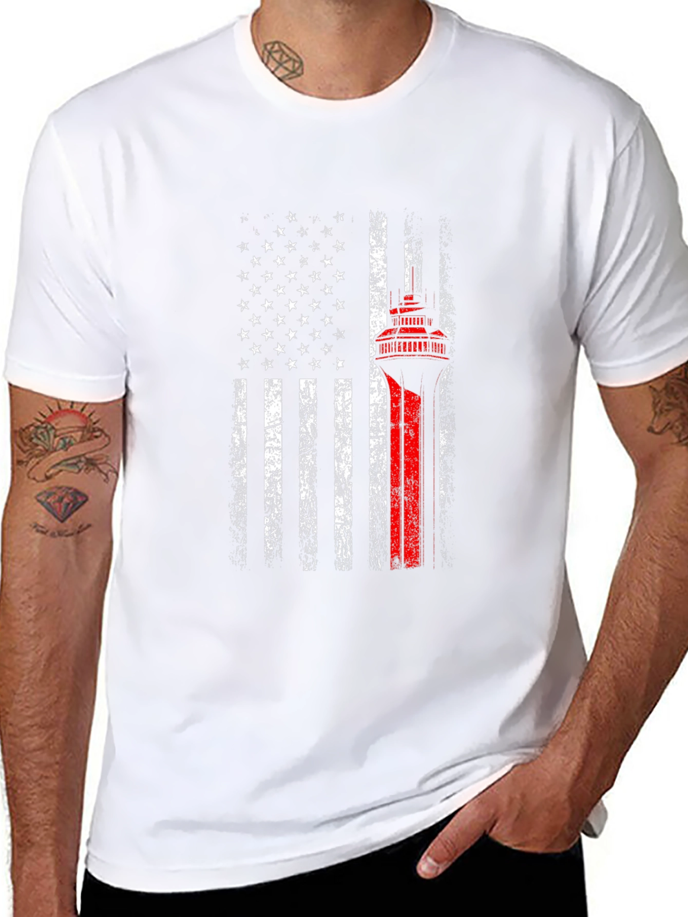 Black American Flag Space Needle Patriotic T-Shirt view 8