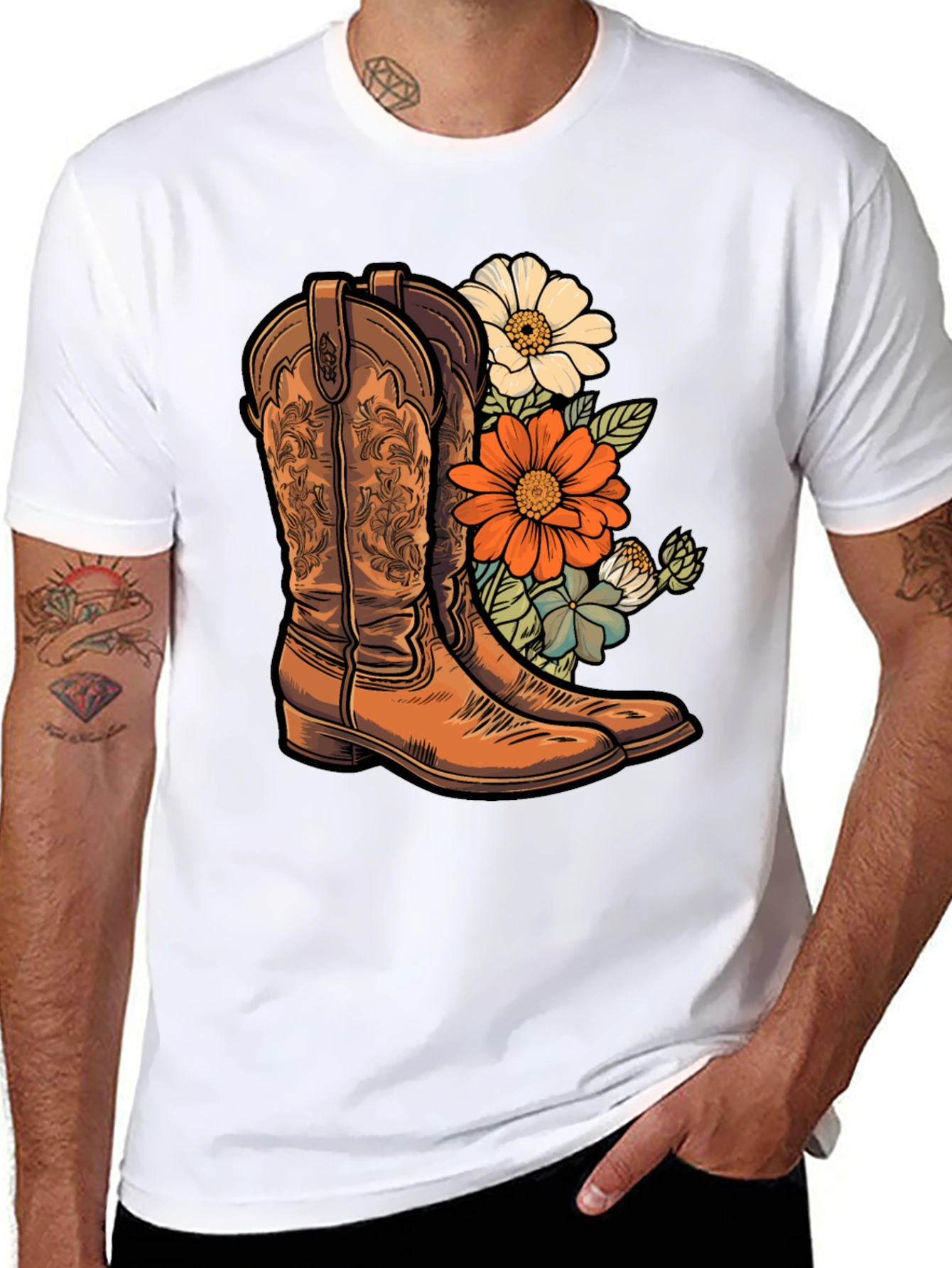 Black Cowboy Boots & Floral T-Shirt - Western Style Tee view 8