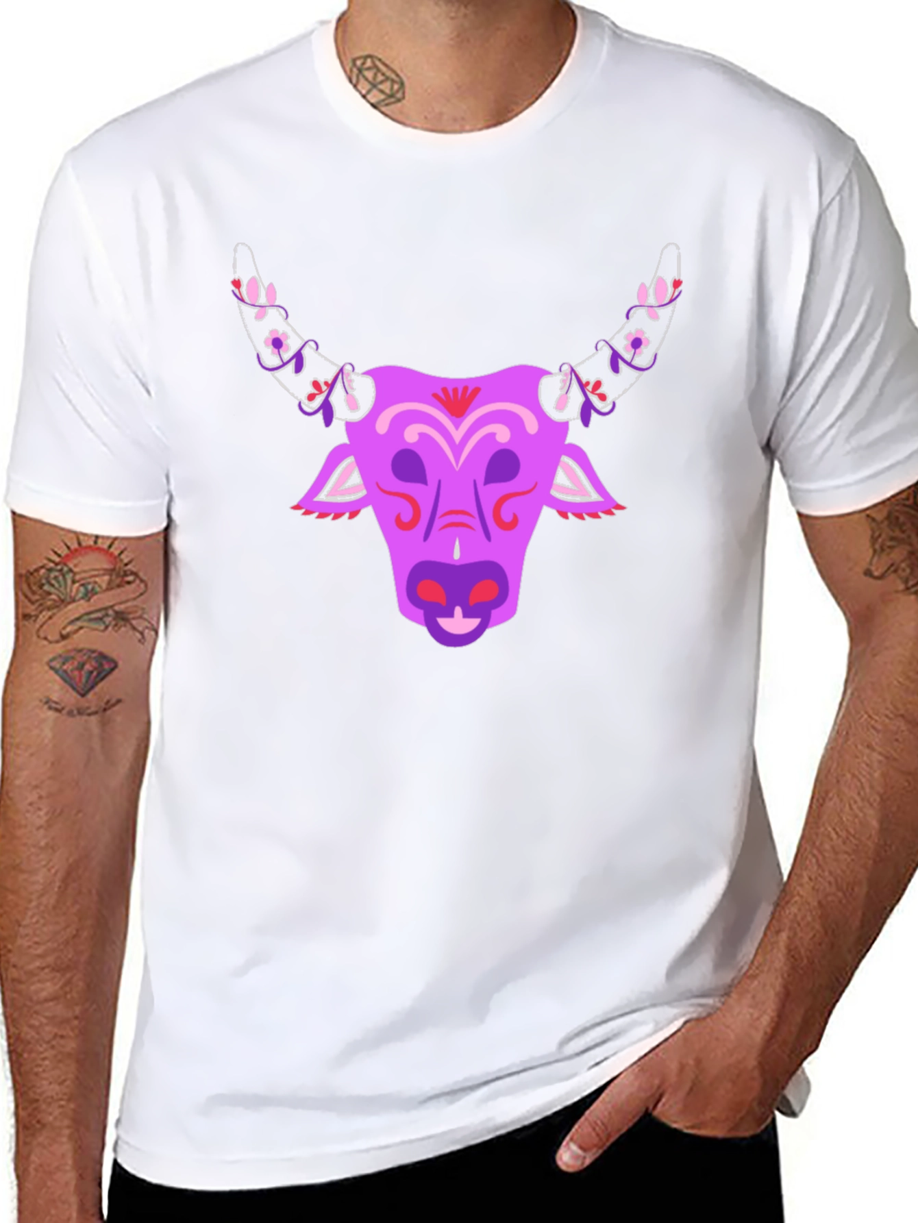 Black Floral Bull Graphic T-Shirt - Unique Design view 8