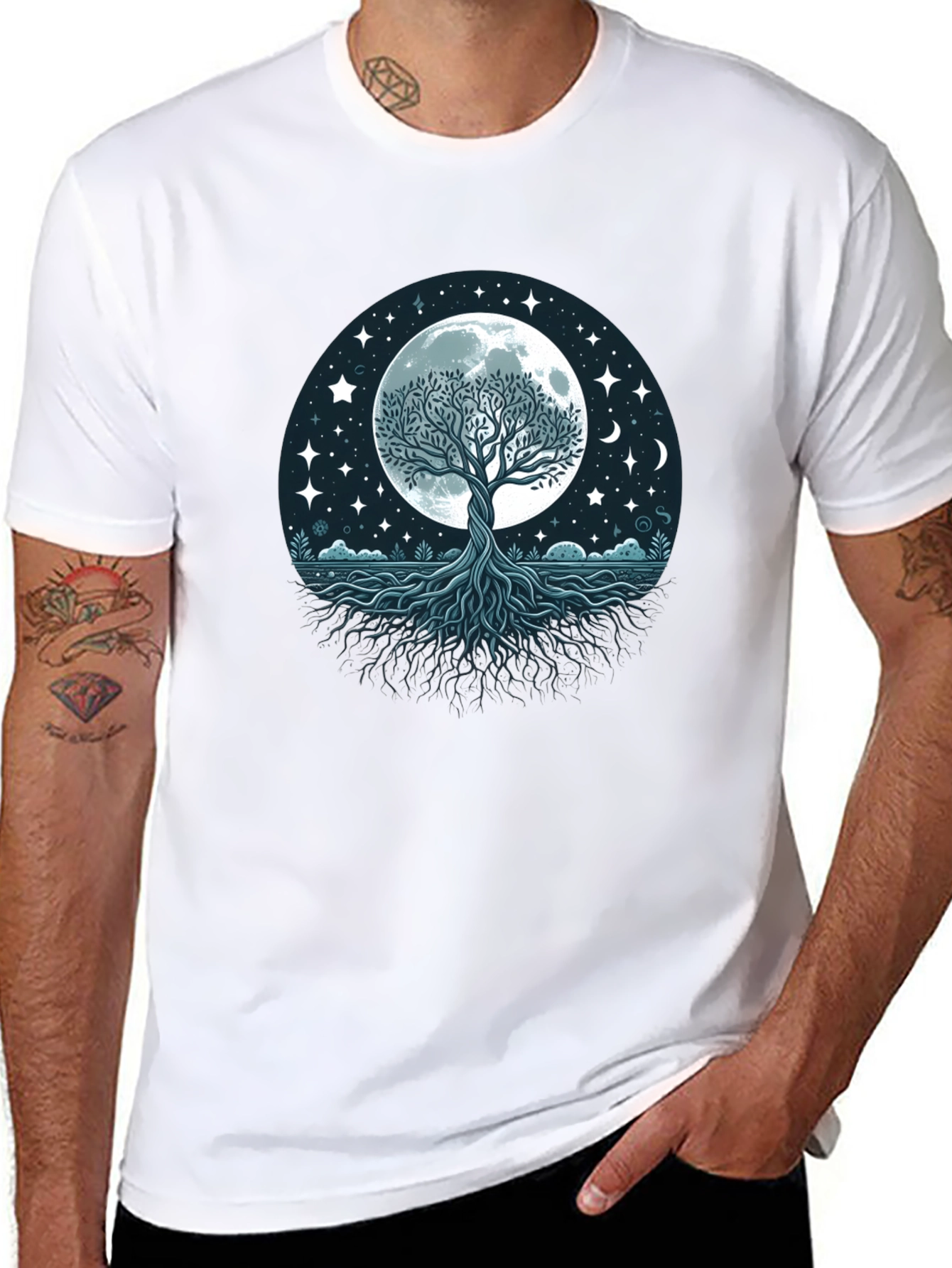 Black Mystic Tree of Life Moon Graphic Tee - Black Cotton Shirt view 8
