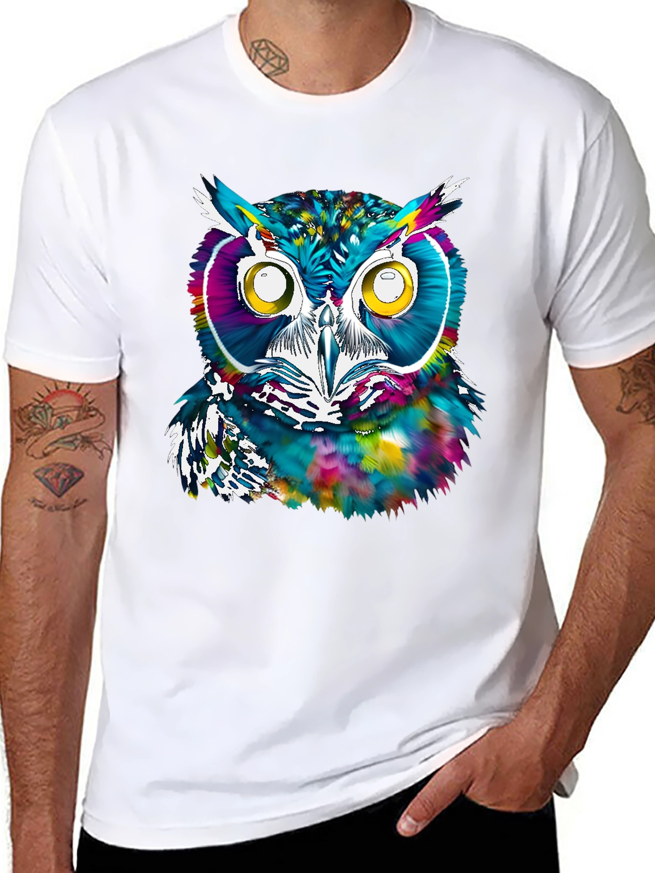 Black Colorful Owl Graphic Print T-Shirt view 8