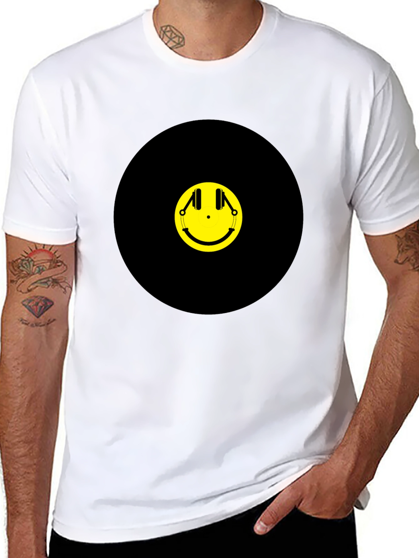 Black Smiley Face Headphones Graphic Tee - Black Cotton T-Shirt view 8