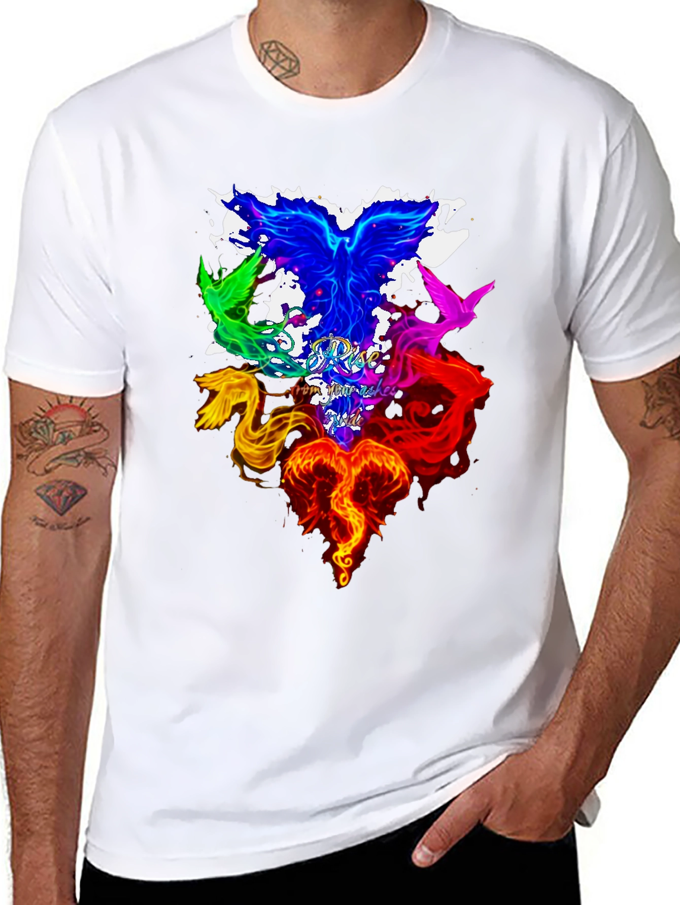Black Rise from Ashes Phoenix Graphic Tee - Colorful Bird Design view 8