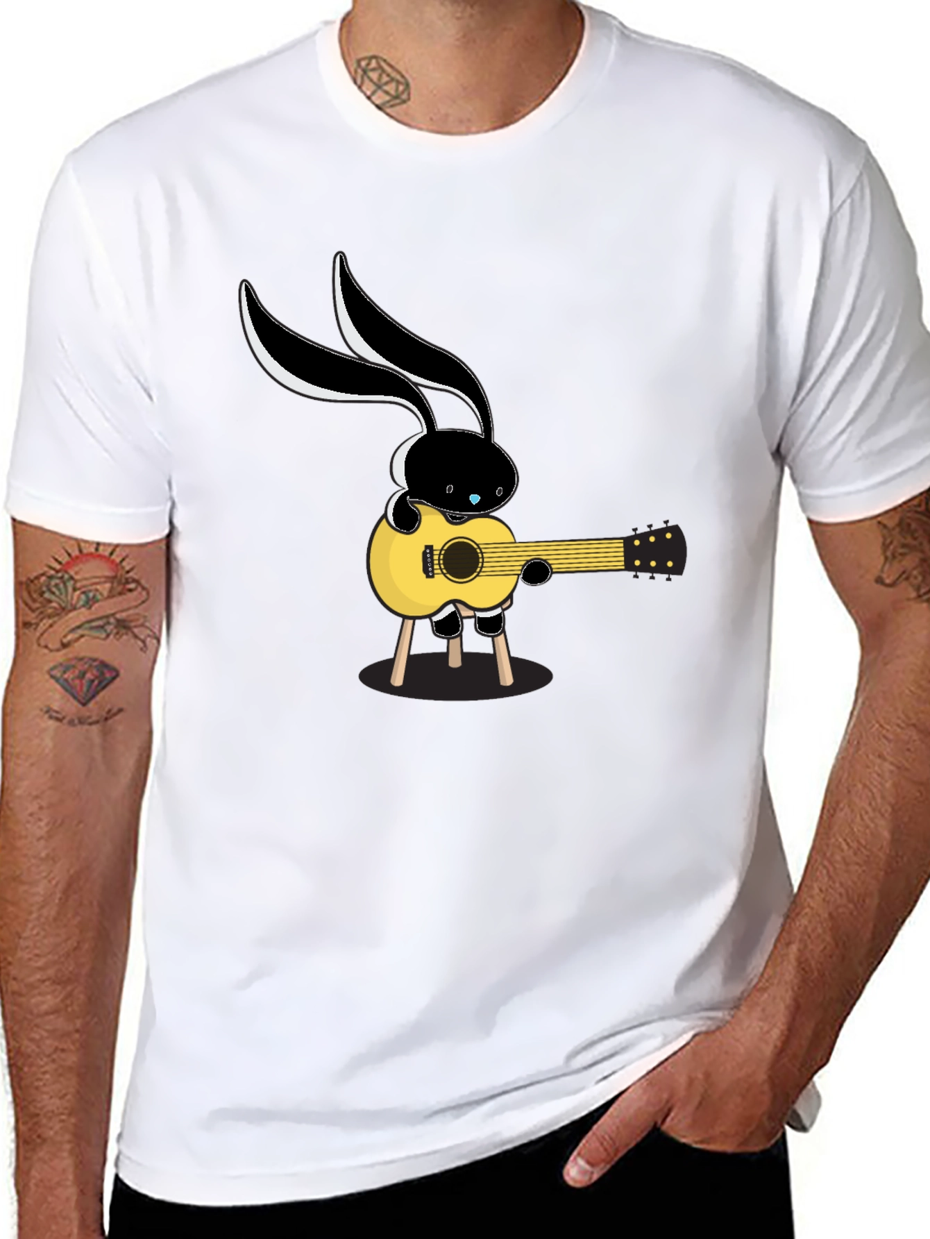 Black Cool Cartoon Bunny Guitarist Black T-Shirt view 8