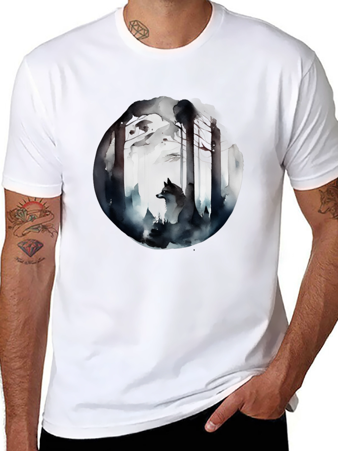 Black Mystic Forest Wolf Graphic Tee - Black Cotton Blend view 8