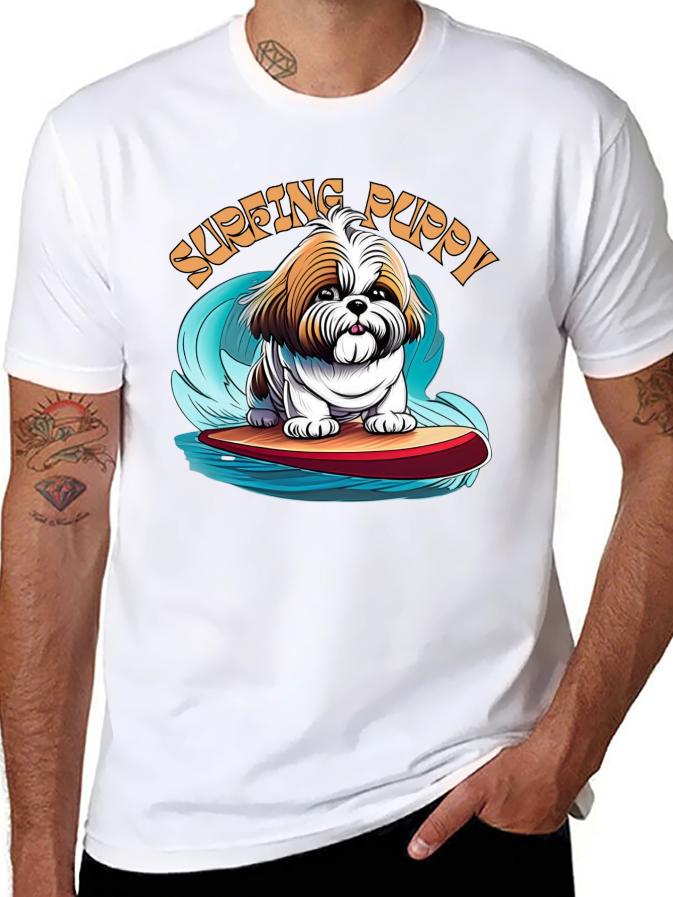 Black Surfing Puppy T-Shirt - Cute Dog Design view 8