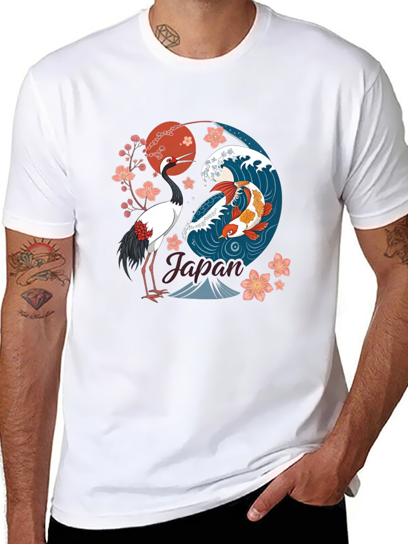 Black Japanese Koi and Crane Graphic T-Shirt view 8