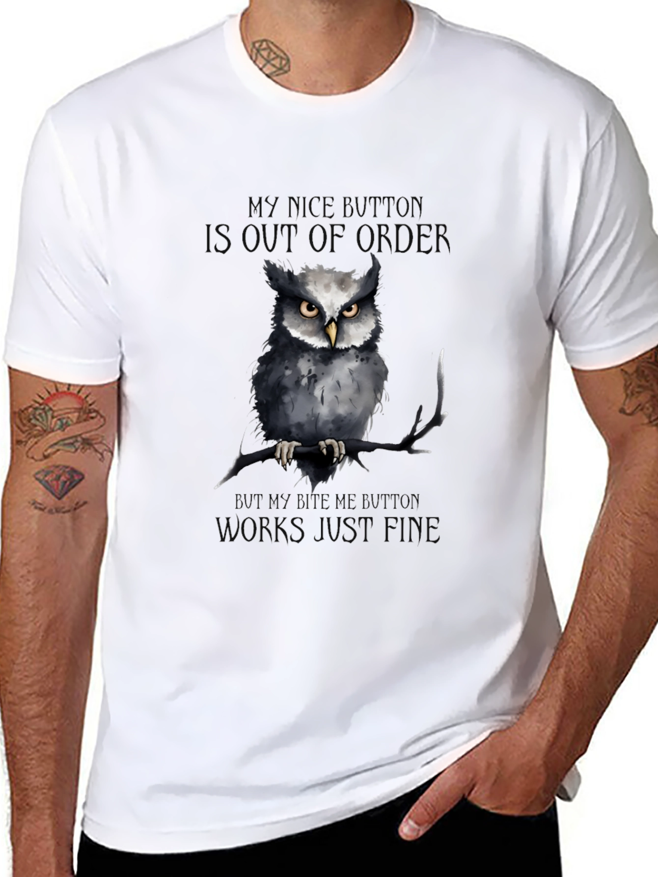 Black Funny Owl T-Shirt: My Nice Button Is Out of Order view 8