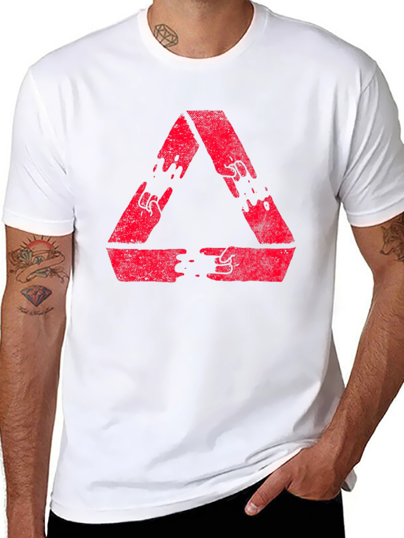 Black Red Triangle Hand Gesture Graphic Black T-Shirt view 8