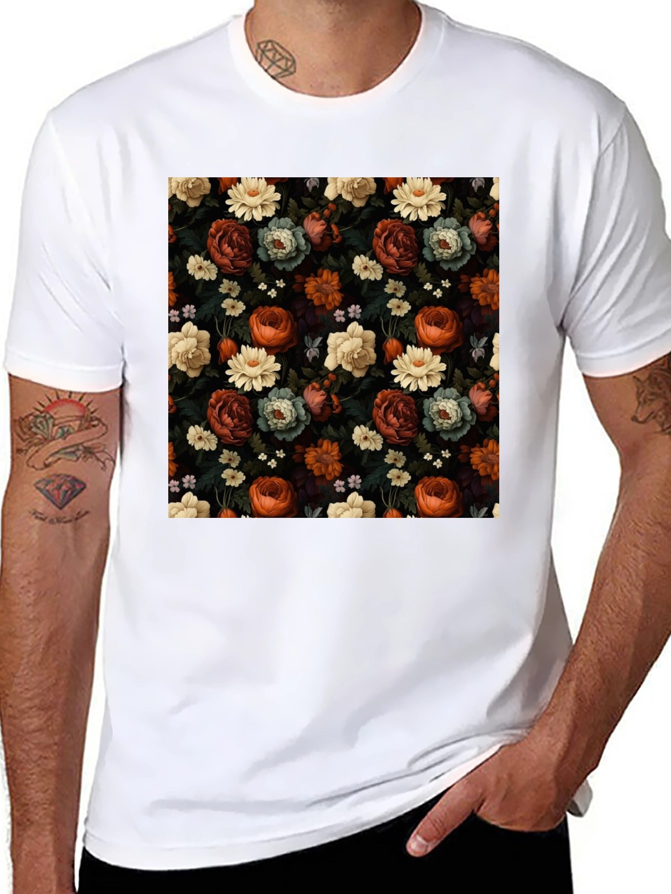 Black Floral Print Men's T-Shirt view 8