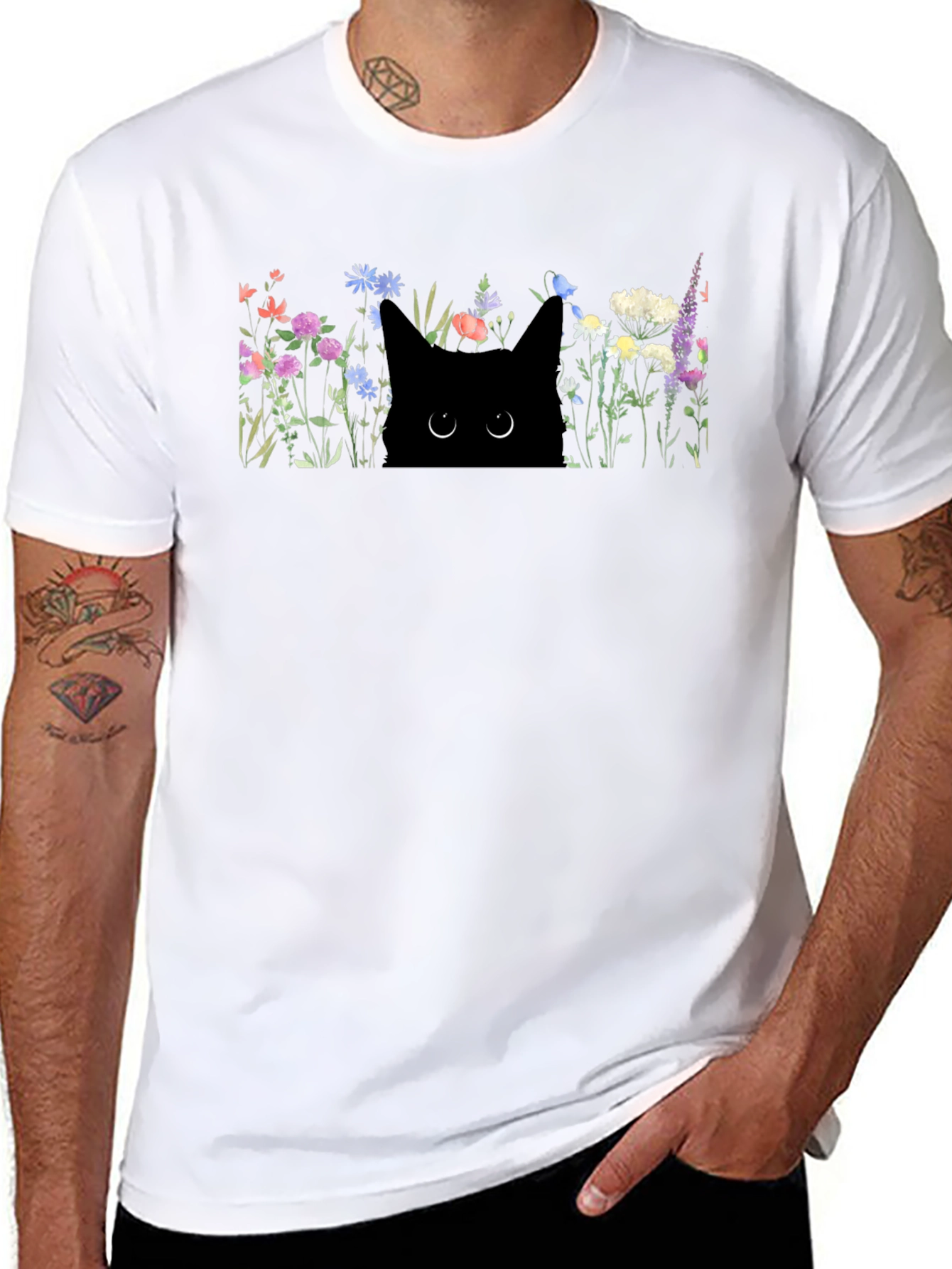 Black Black Cat in Flowers Graphic T-Shirt view 8