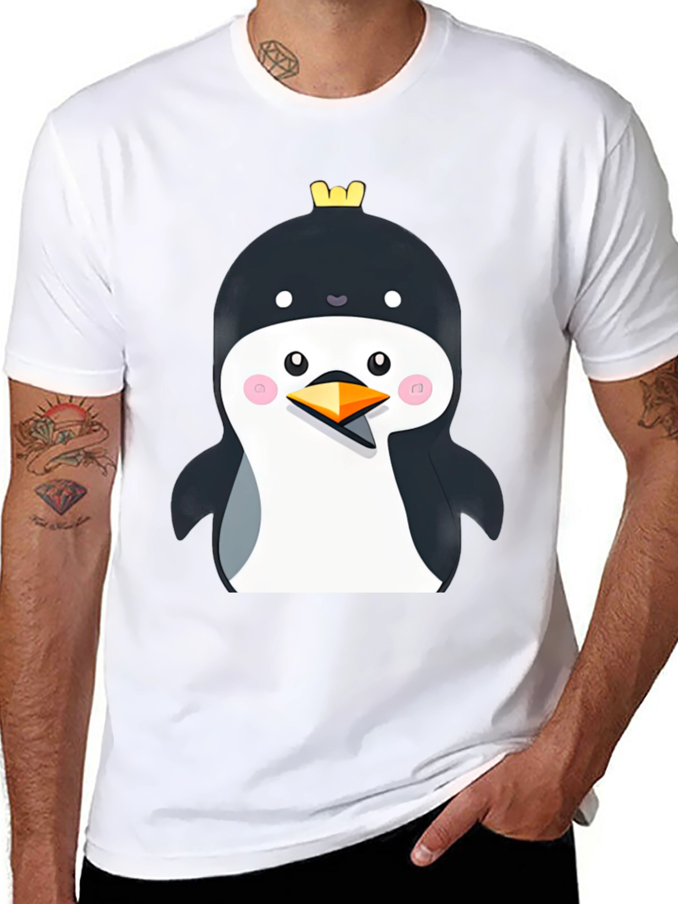 Black Penguin with Crown Black T-Shirt - Cute Cartoon Style view 8