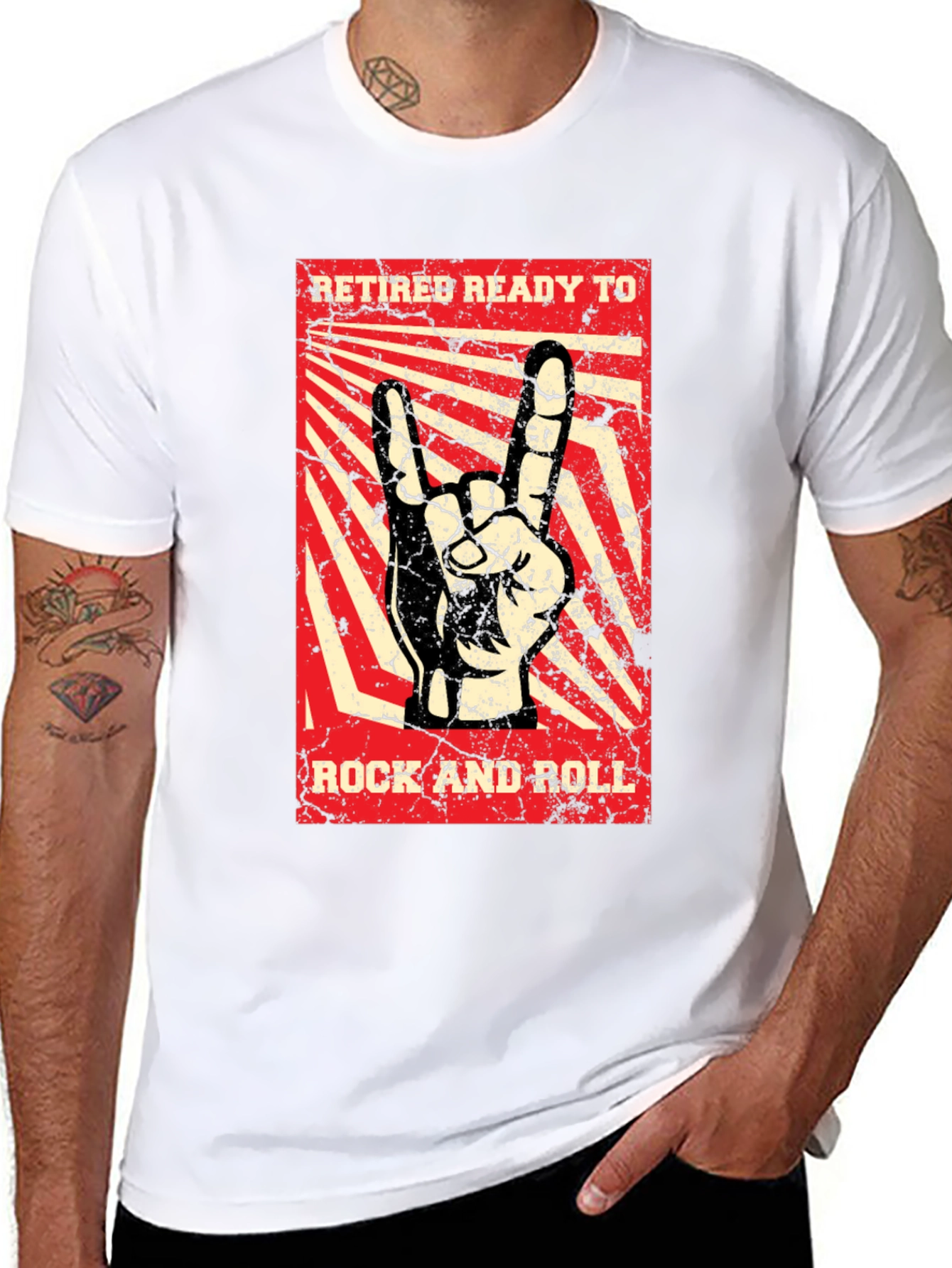 Black Retiree Ready to Rock T-Shirt - Rock and Roll Hand Sign view 8