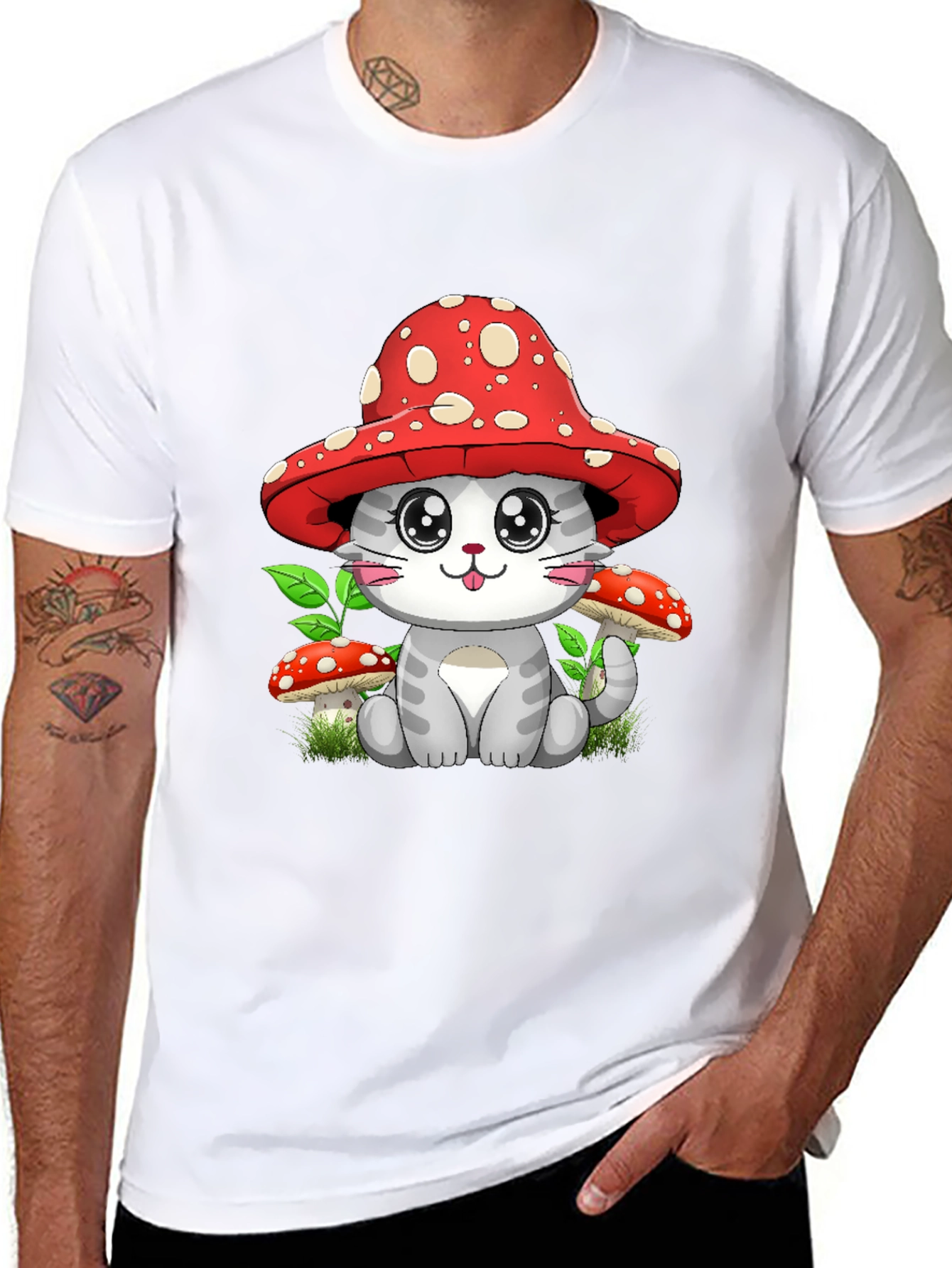 Black Mushroom Cat Graphic Tee - Whimsical Design view 8