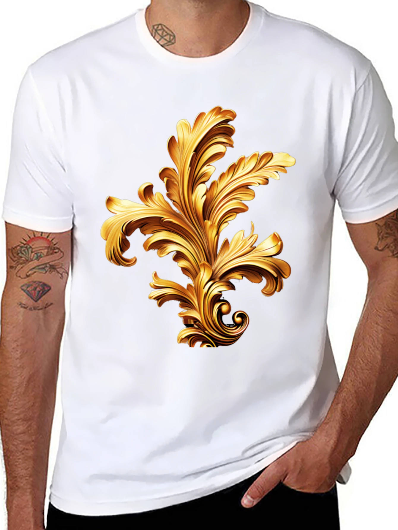 Black Elegant Black T-Shirt with Golden Baroque Design view 8