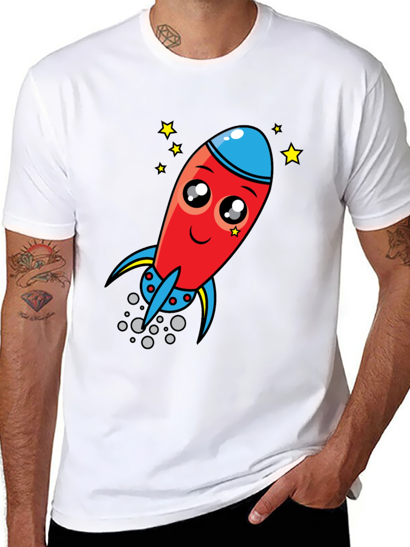 Black Cartoon Rocket Graphic Tee - Black Cotton T-Shirt view 8