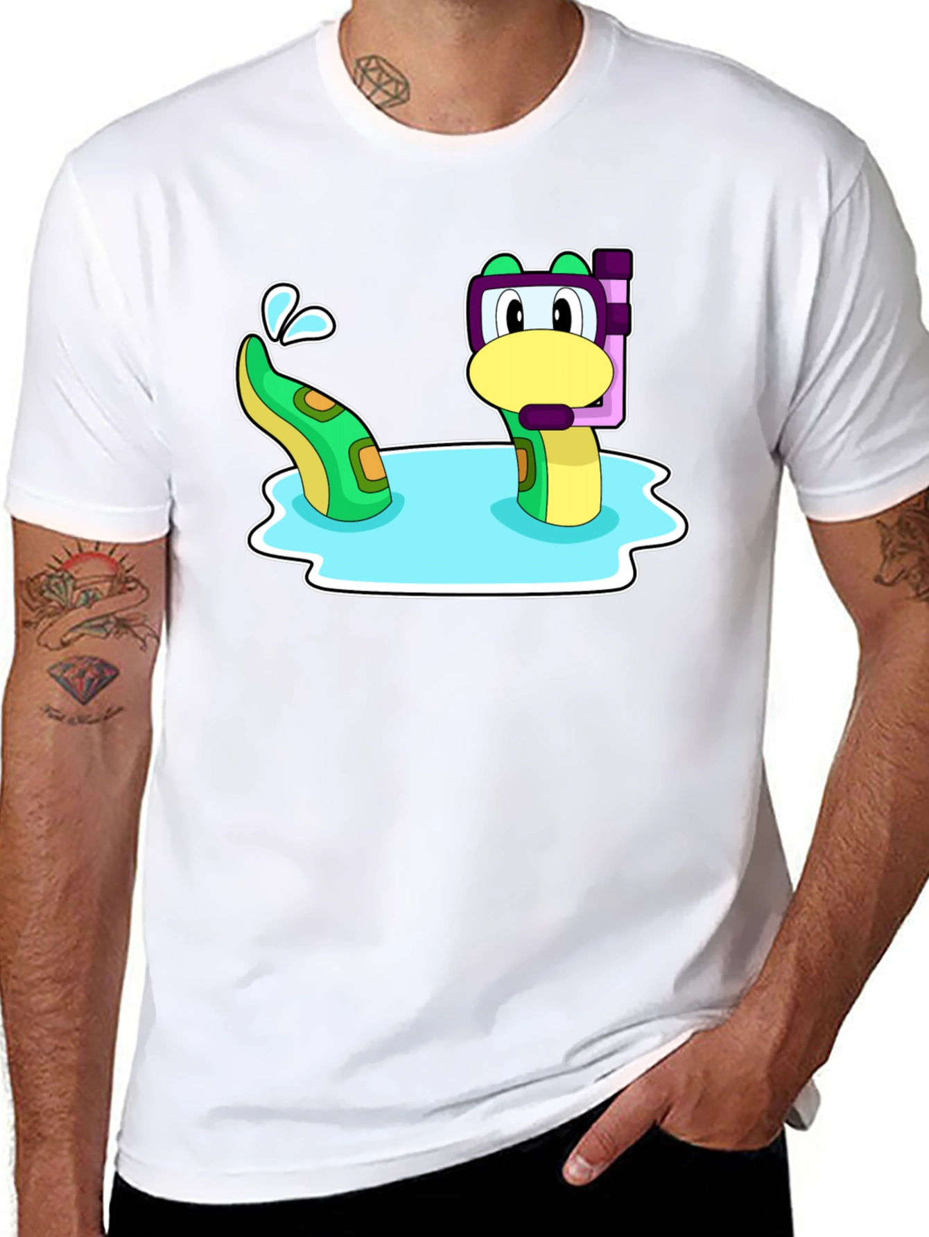 Black Cartoon Sea Serpent Snorkel T-Shirt view 8