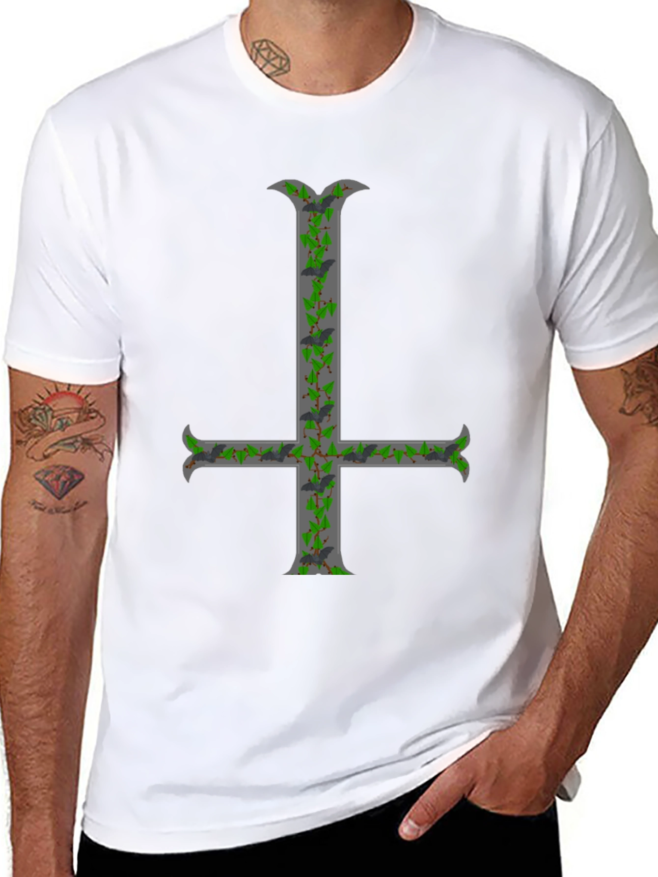 Black Inverted Cross T-Shirt with Bats and Ivy view 8