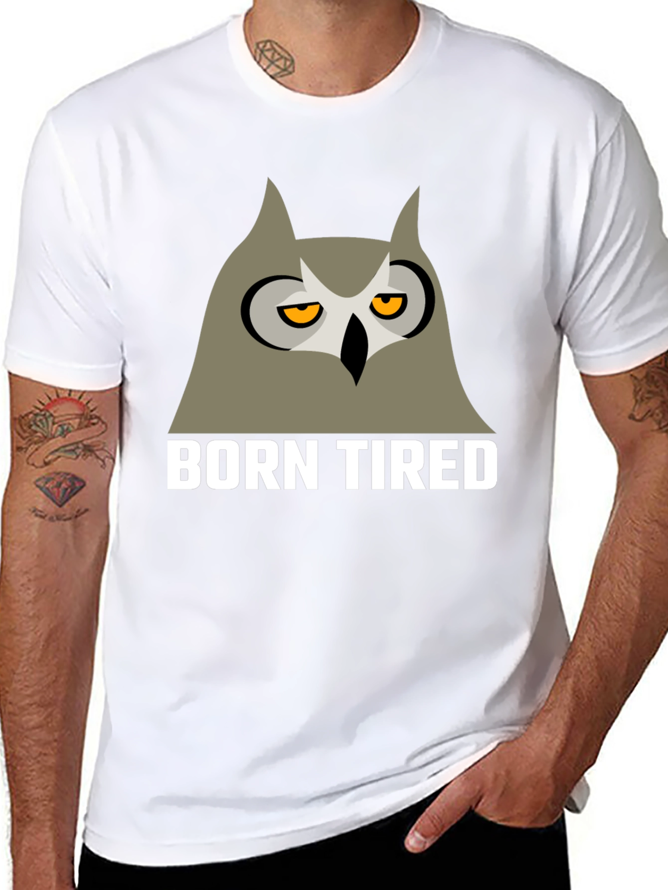 Black Born Tired Owl Graphic T-Shirt -  Black Crew Neck Tee view 8