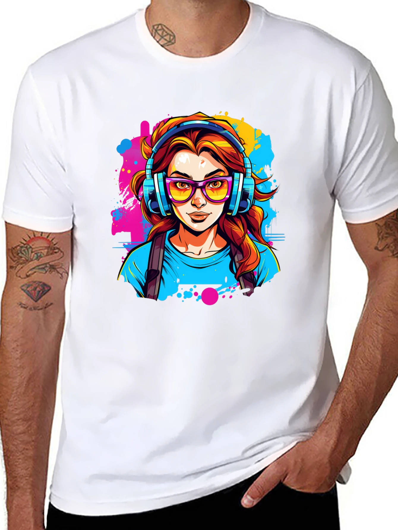 Black Graphic Print T-Shirt - Woman with Headphones view 8