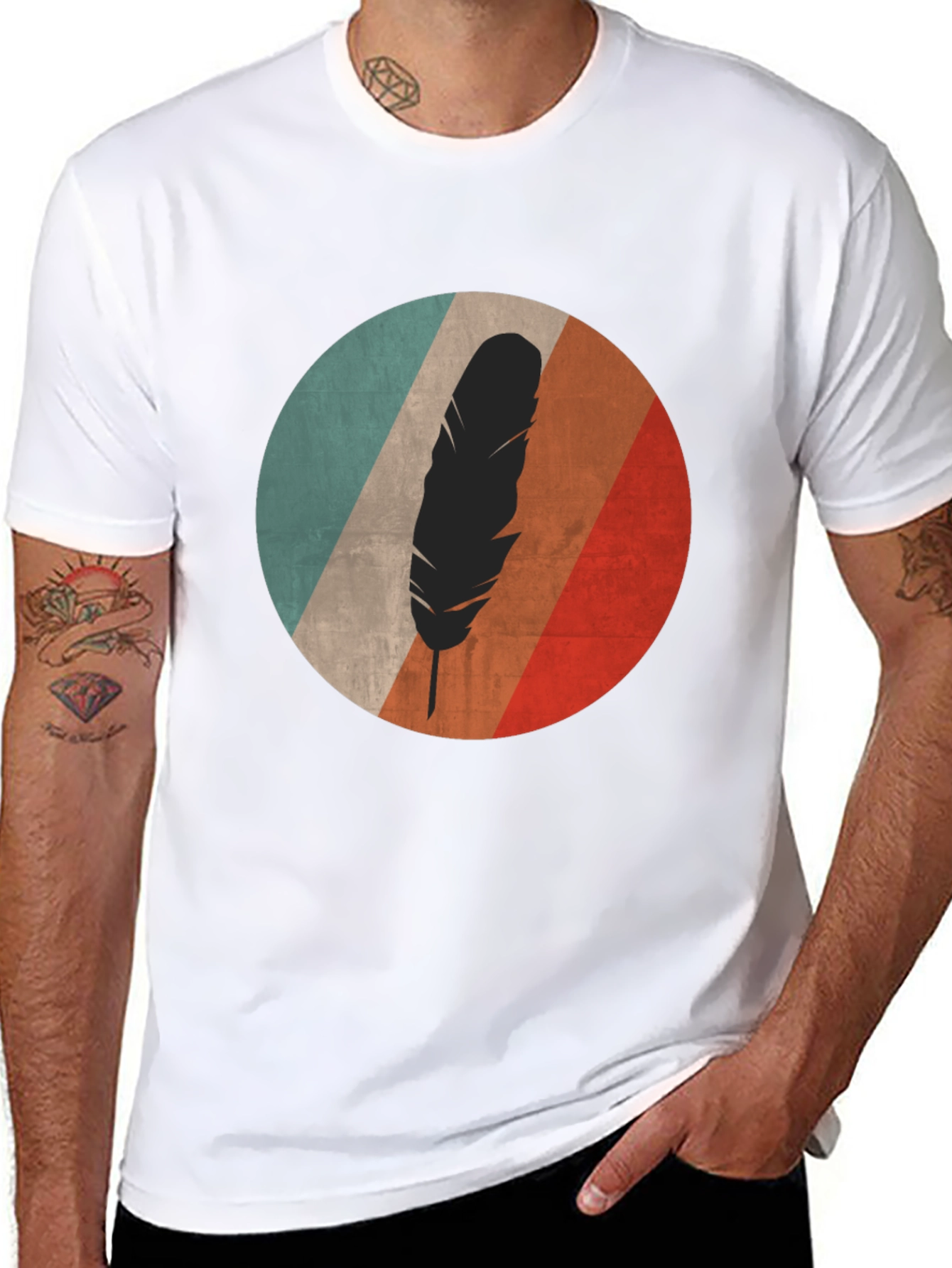 Black Retro Feather Graphic Tee - Black Cotton Blend view 8
